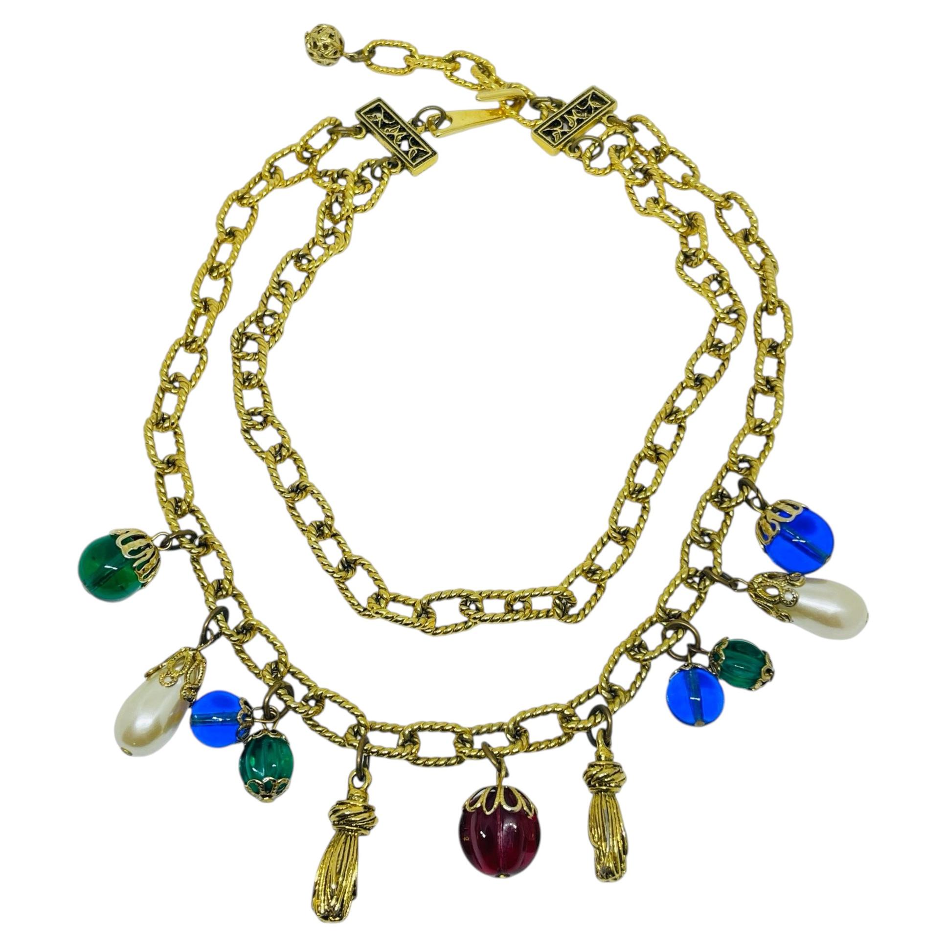 Vintage French gold tone chain jewel glass beads charms designer necklace