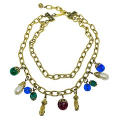 Vintage French gold tone chain jewel glass beads charms designer necklace