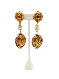 Vintage French Gold-tone Faux Pearl Snake Drop Oval Earrings