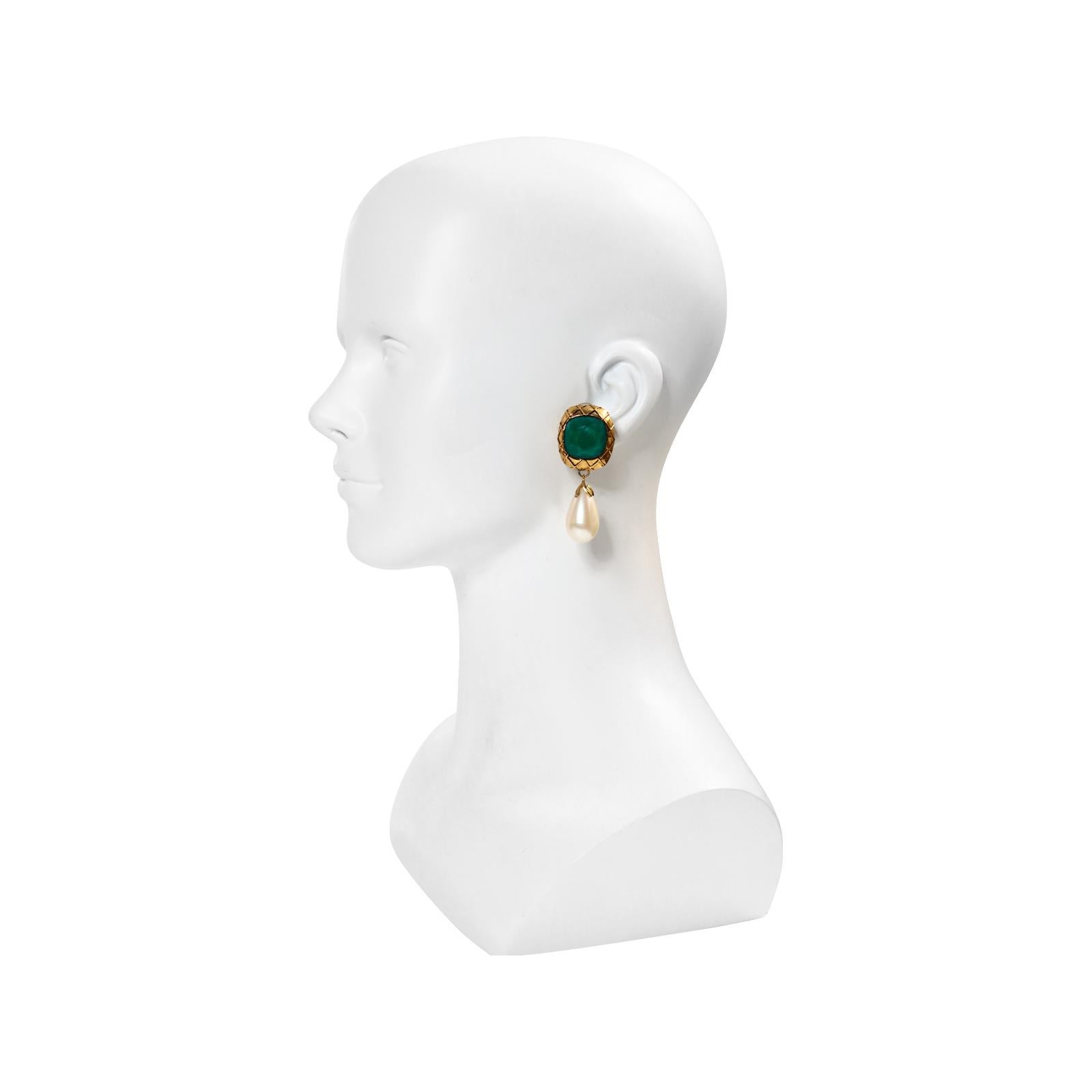 Vintage French Gold with Green and Dangling Faux Peal Earrings Circa 1980s.  These earrings are completely in the style of Chanel and so well made. The Green faceted stone is surrounded by a quilted darker gold tone like the house of Chanel.  The