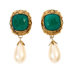 Vintage French Gold Green Stone Faux Pearl Dangle Earrings, 1980s