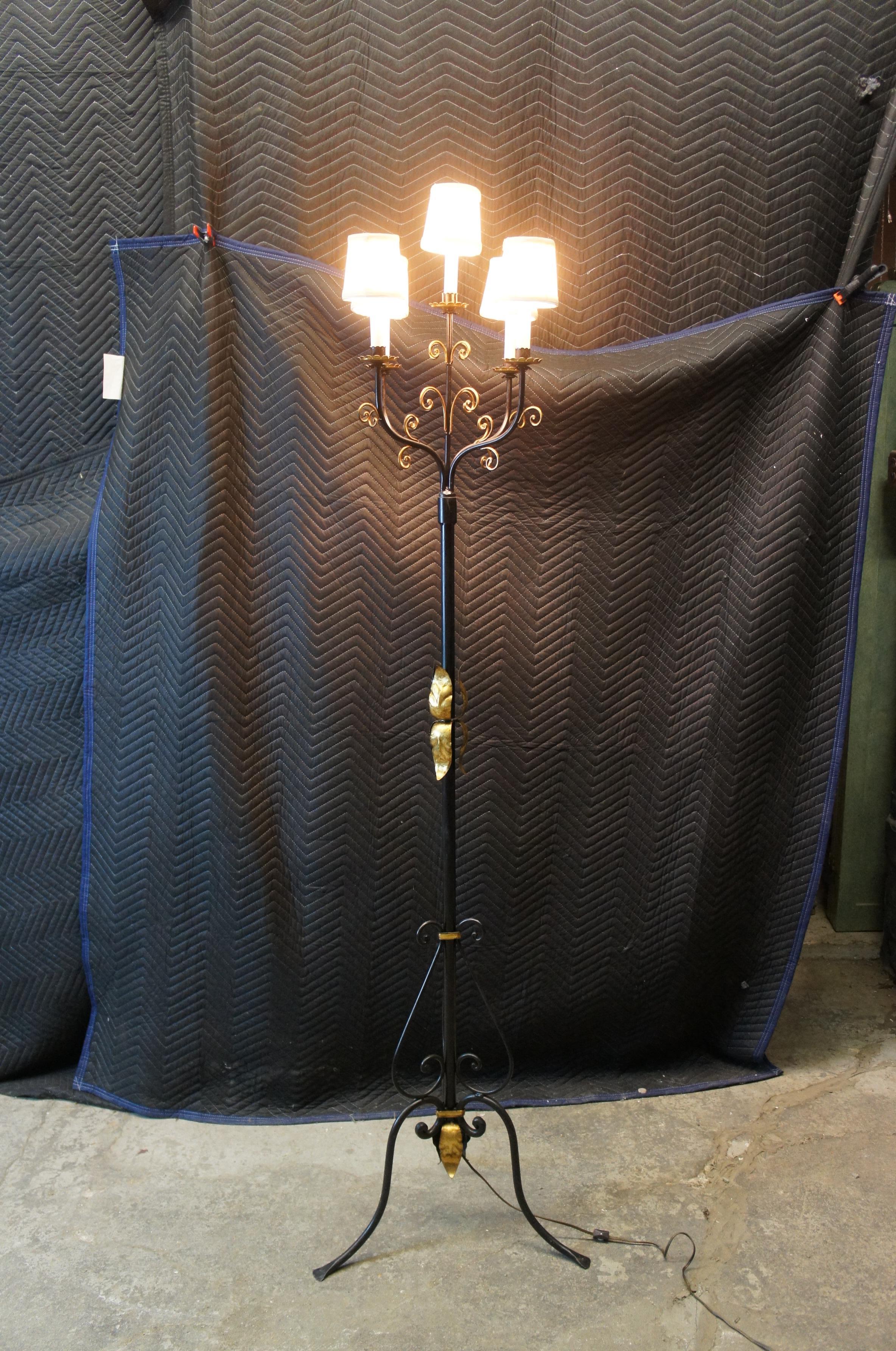 Vintage French Gothic Revival Scrolled Iron Torchiere Candelabra Floor Lamp 81