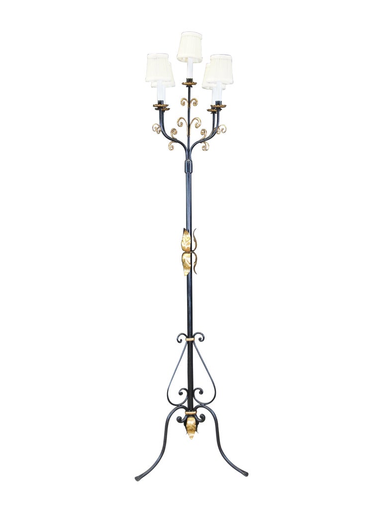 Vintage French Gothic Revival Scrolled Iron Torchiere Candelabra