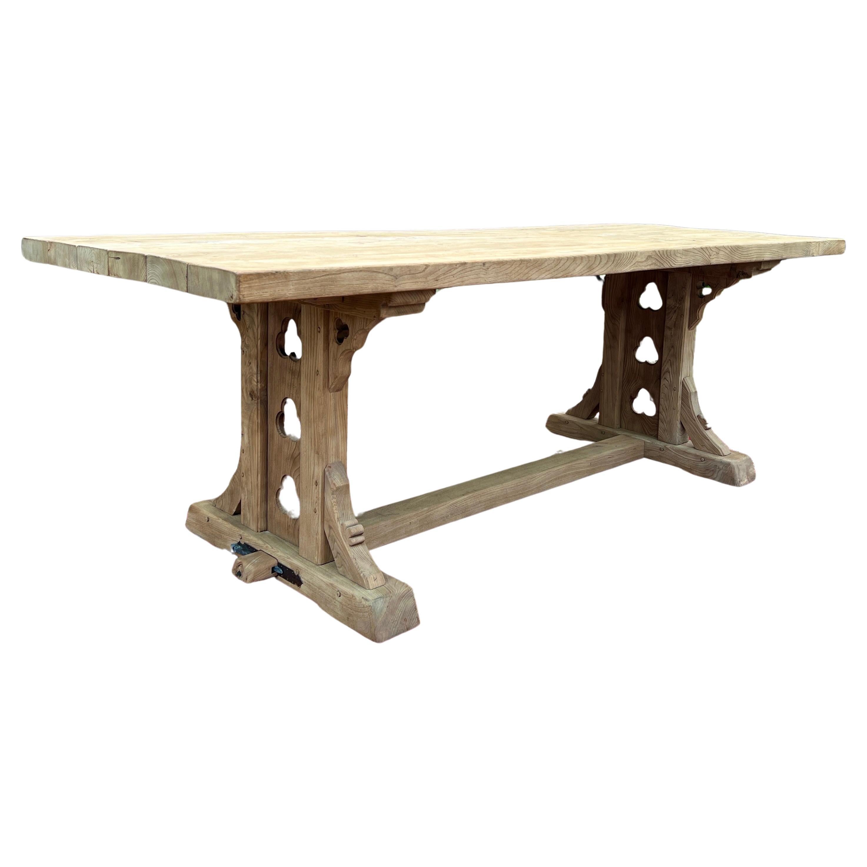 Vintage French Gothic Table Dining Table Desk Trestle Table Bleached Oak/Elm For Sale