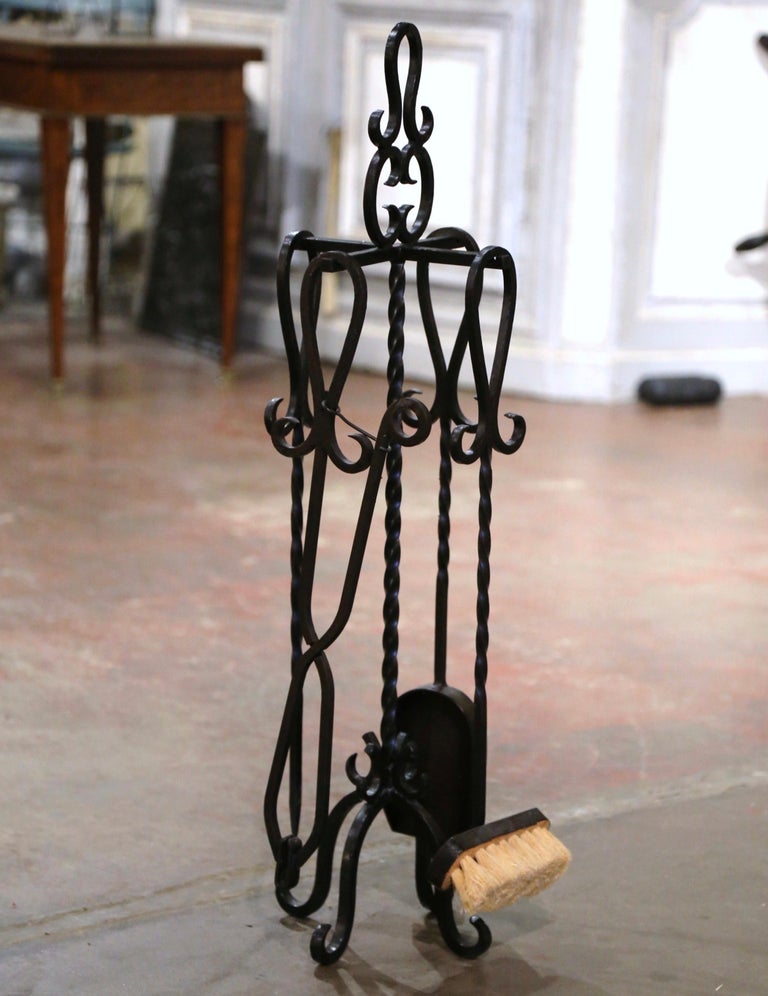 Vintage French Gothic Wrought Iron FivePiece Fireplace Tool Set on