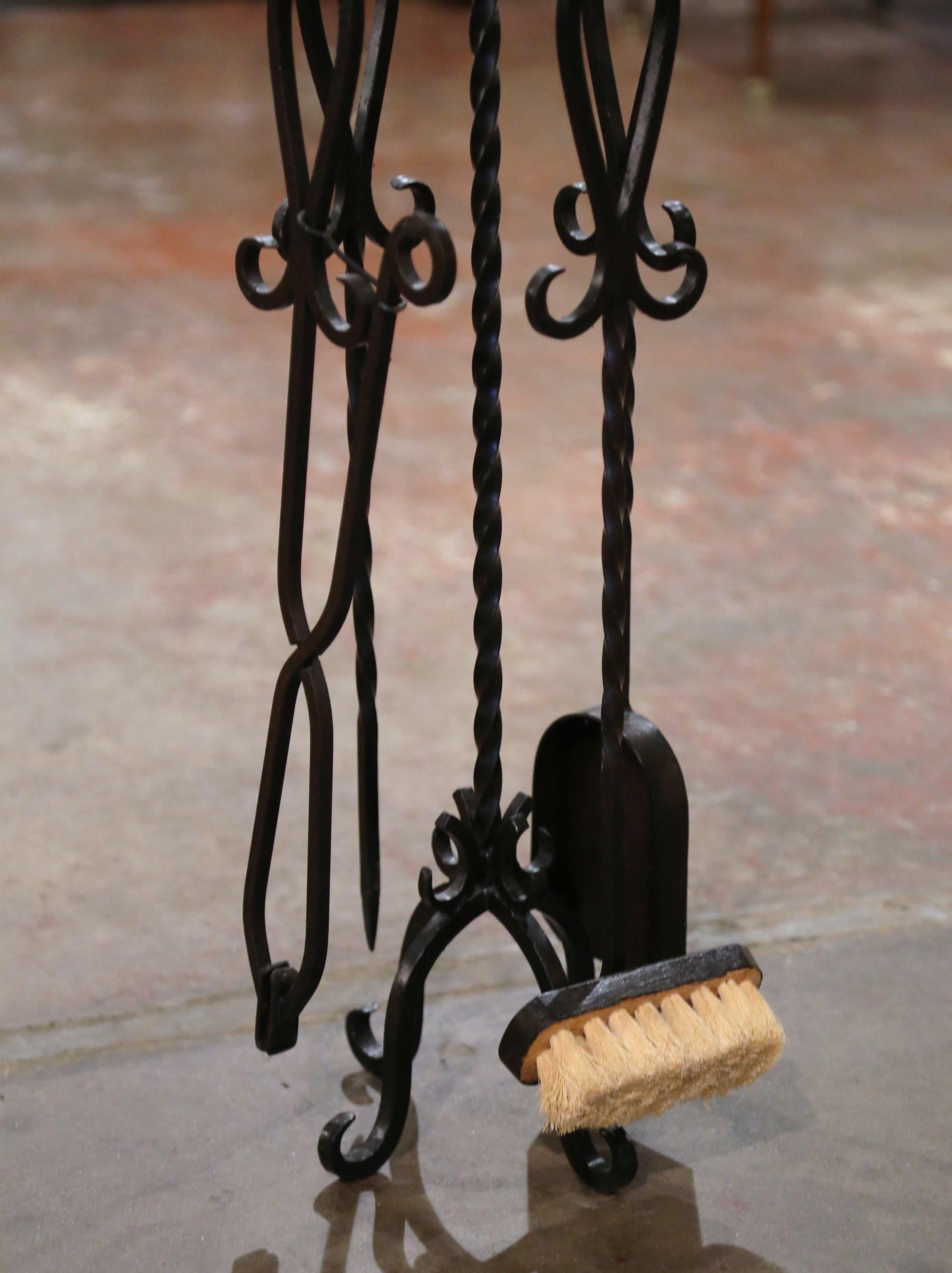 Hand-Painted Vintage French Gothic Wrought Iron Five-Piece Fireplace Tool Set on Stand For Sale
