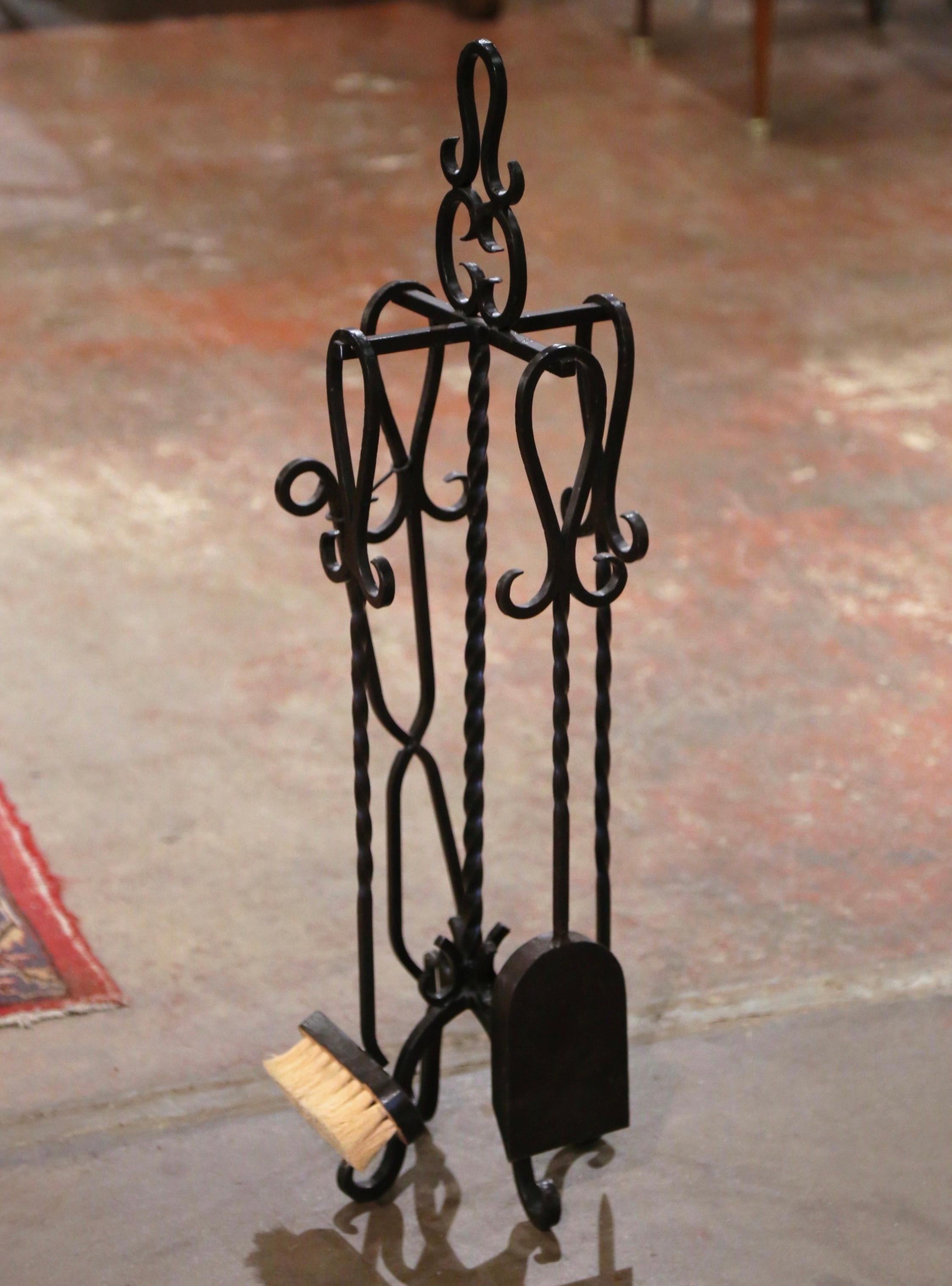 Contemporary Vintage French Gothic Wrought Iron Five-Piece Fireplace Tool Set on Stand For Sale