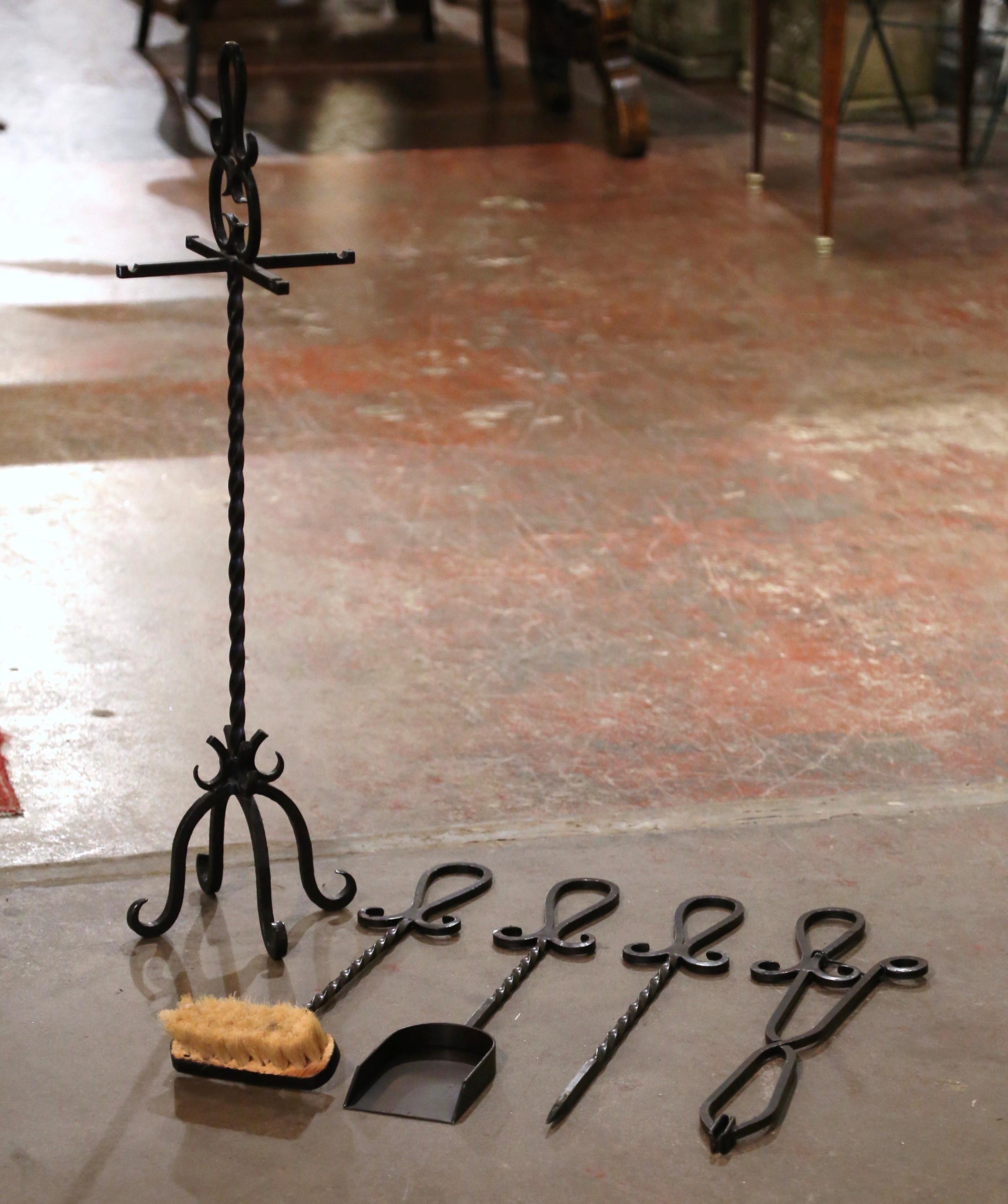 Vintage French Gothic Wrought Iron Five-Piece Fireplace Tool Set on Stand For Sale 1