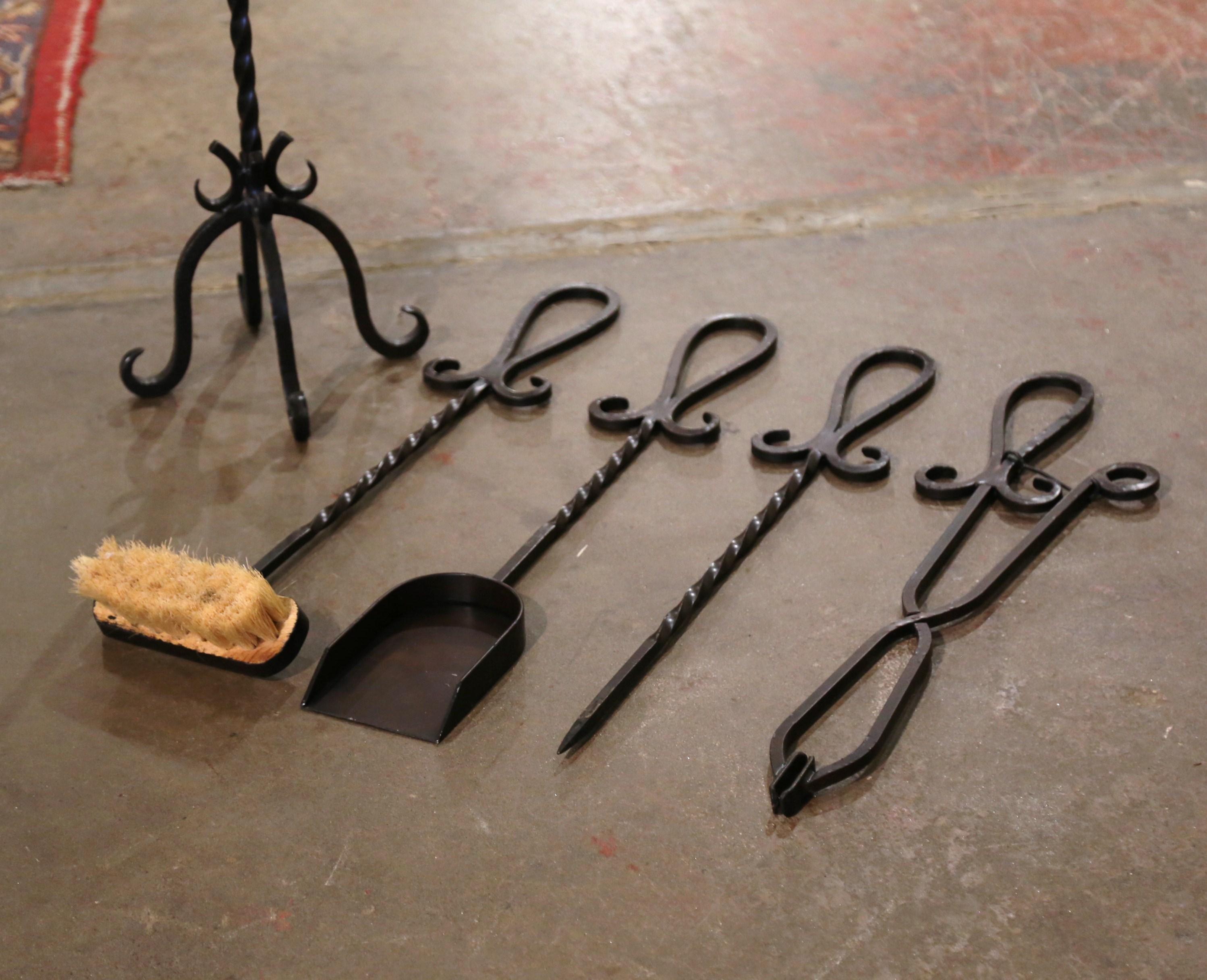 Vintage French Gothic Wrought Iron Five-Piece Fireplace Tool Set on Stand For Sale 2