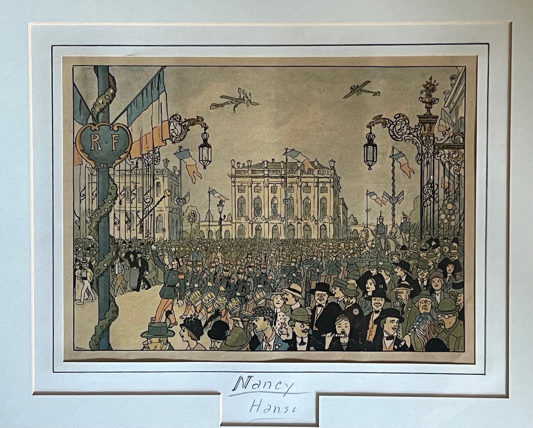 Antique French print of drawing by Jean-Jacques Waltz (Hansi) (1873 - 1951). Originally printed in a book titled Mon Village, first published in 1913. The print depicts people celebrating at a fete on Bastille day in the town of Nancy,