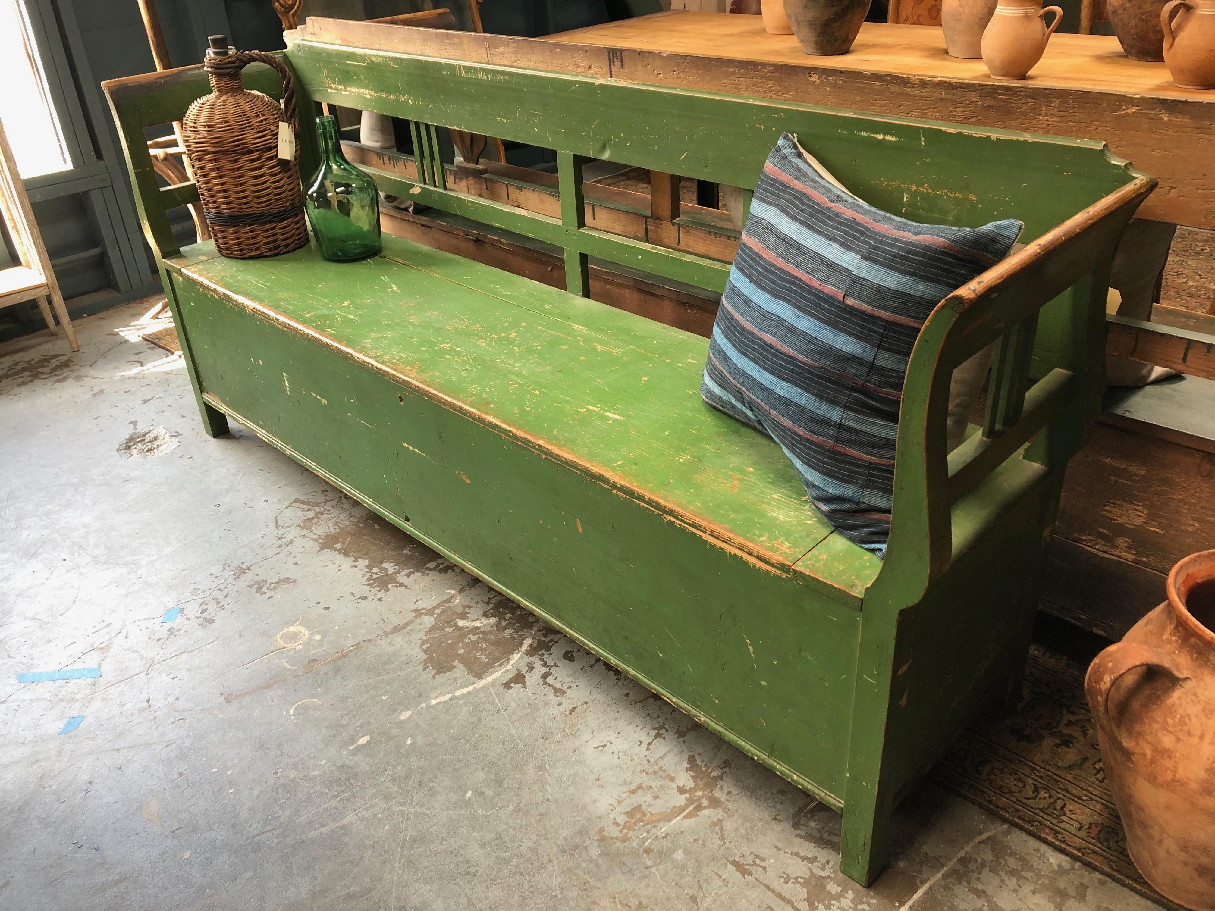 20th Century Vintage French Green Bench with Storage