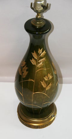 Vintage French Green Glass Lamp with Gilt Incised Wheat Design