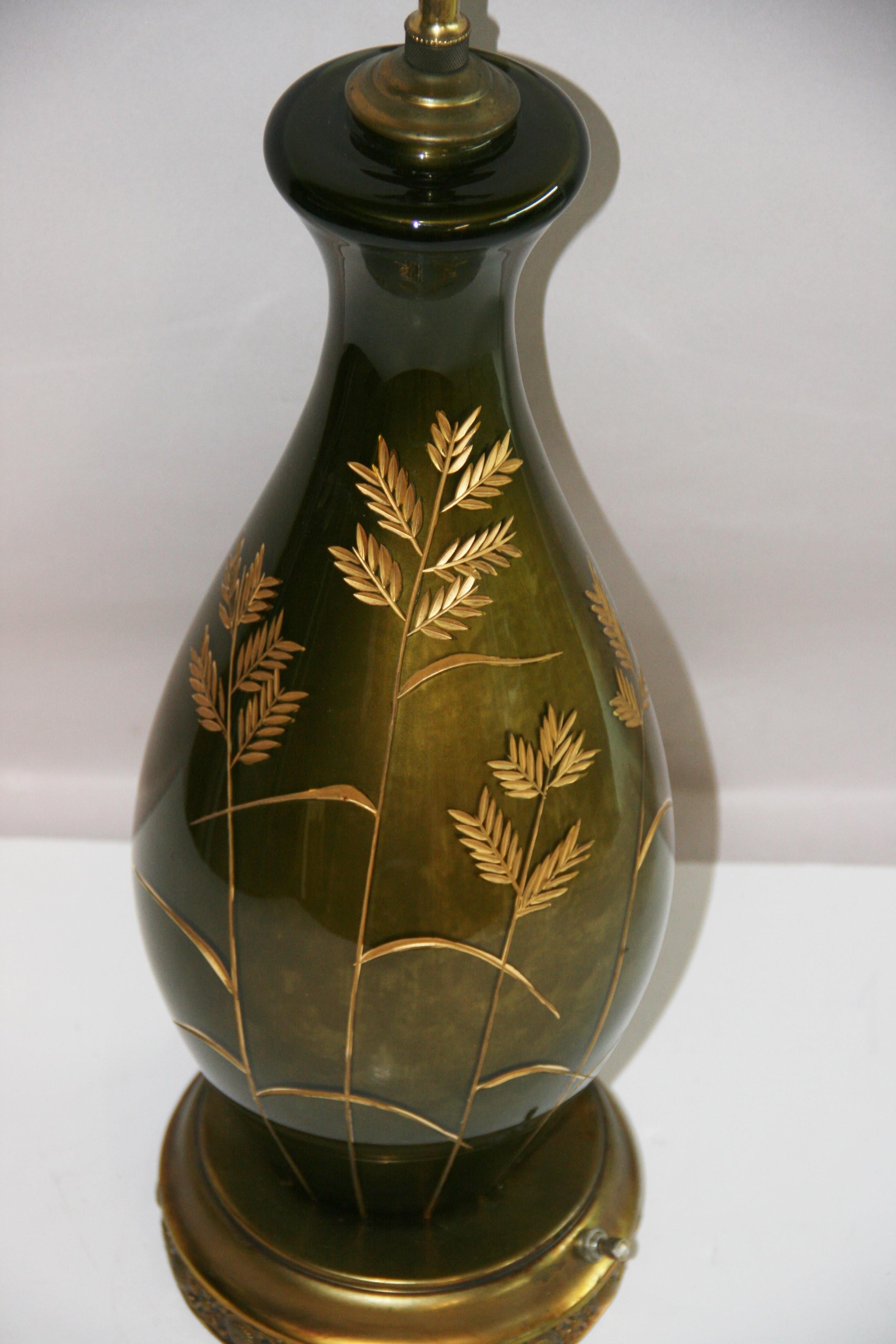 Vintage French Green Glass Lamp with Gilt Incised Wheat Design In Good Condition For Sale In Douglas Manor, NY