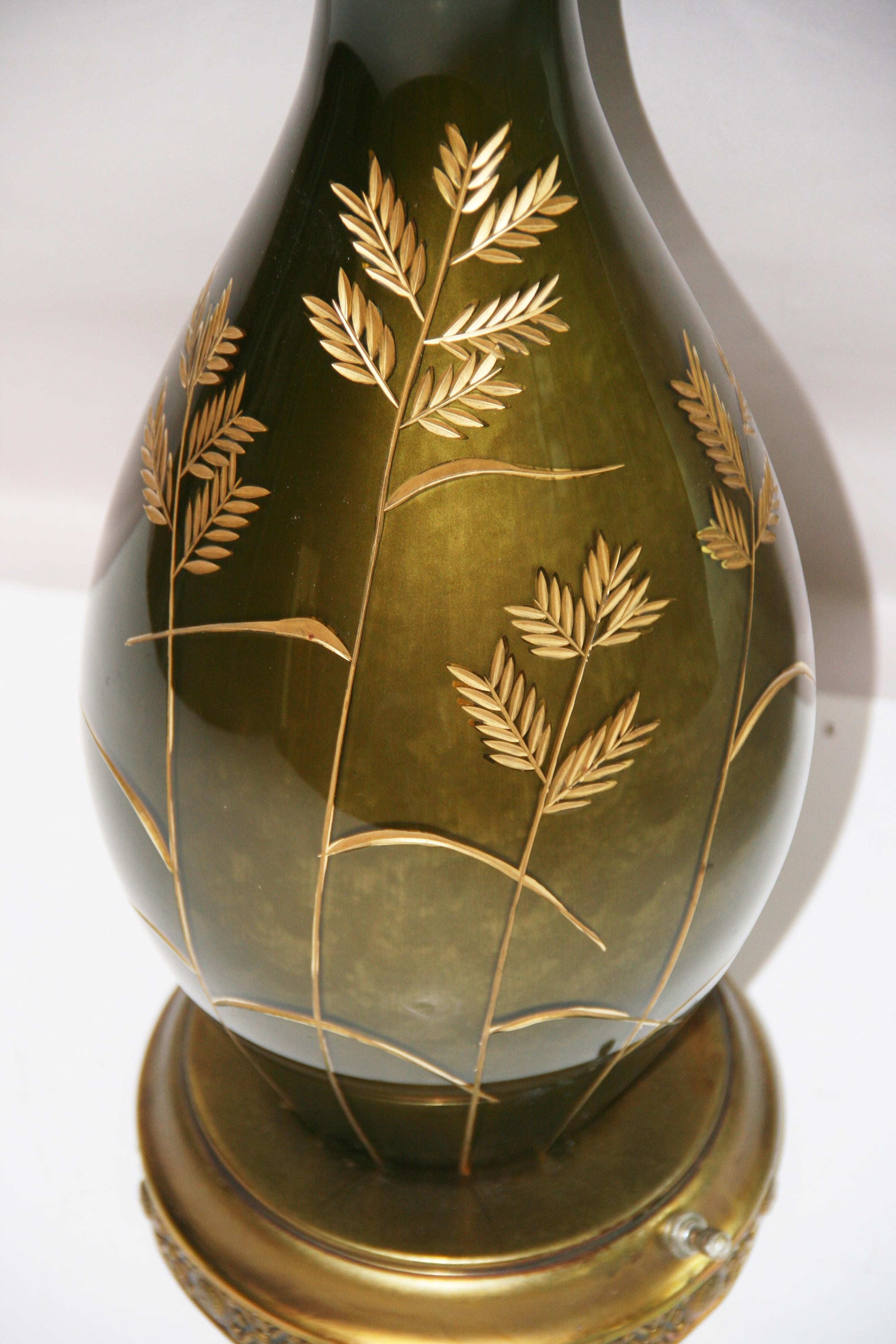 Mid-20th Century Vintage French Green Glass Lamp with Gilt Incised Wheat Design For Sale