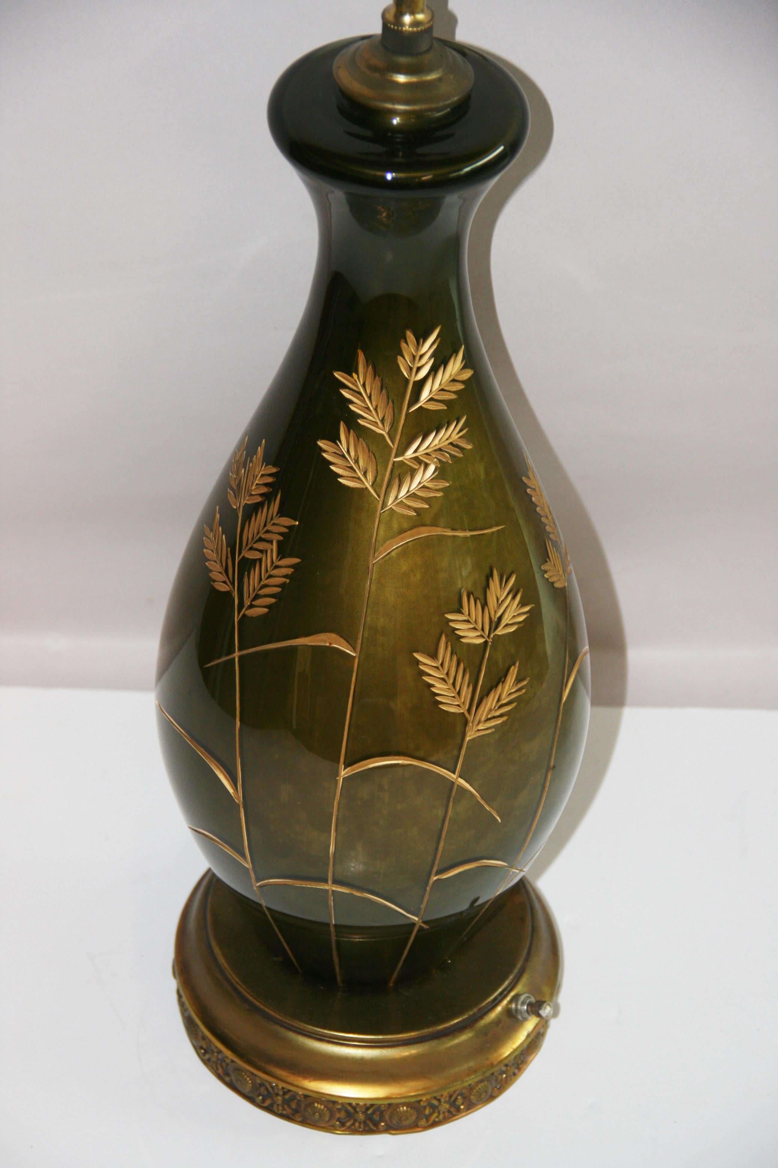 Blown Glass Vintage French Green Glass Lamp with Gilt Incised Wheat Design For Sale