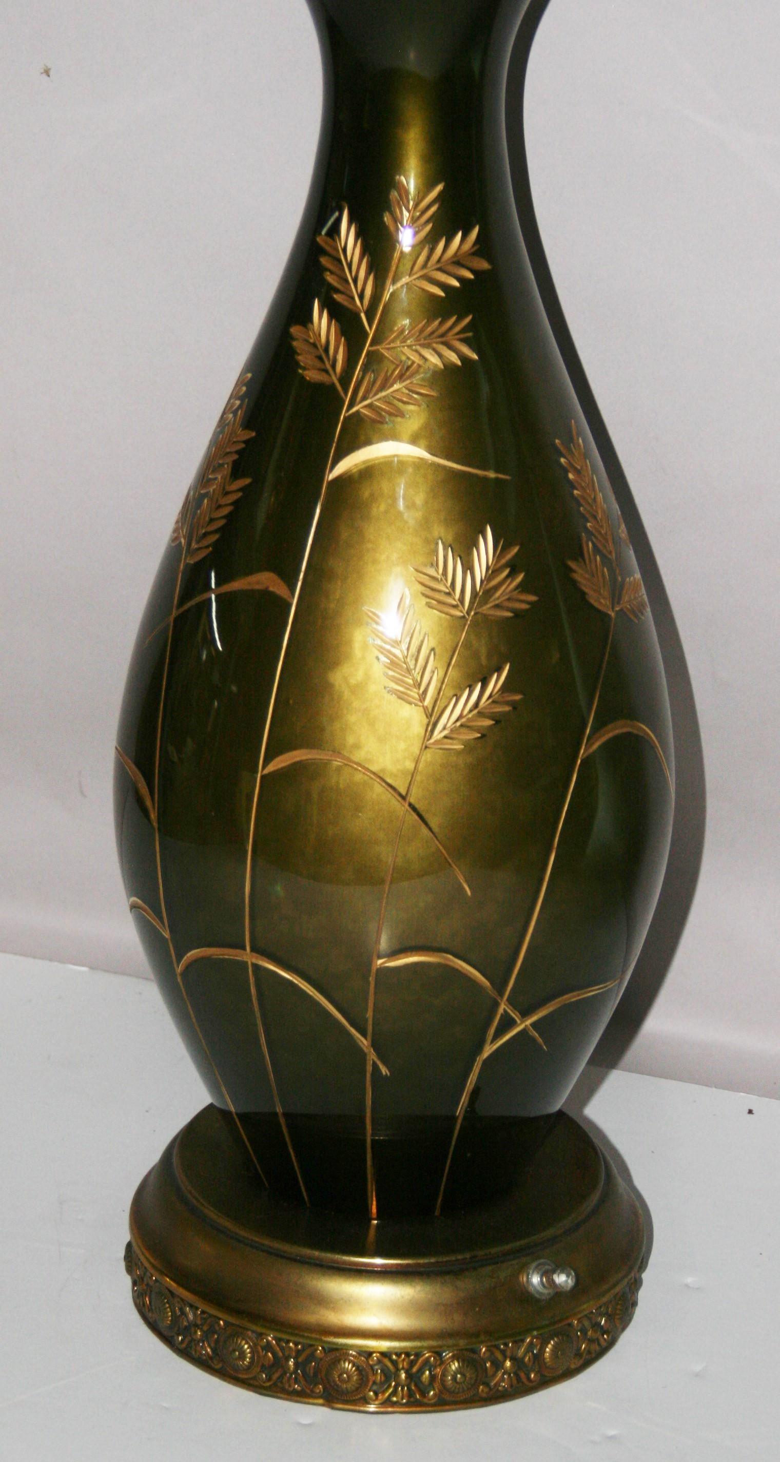 Vintage French Green Glass Lamp with Gilt Incised Wheat Design For Sale 1