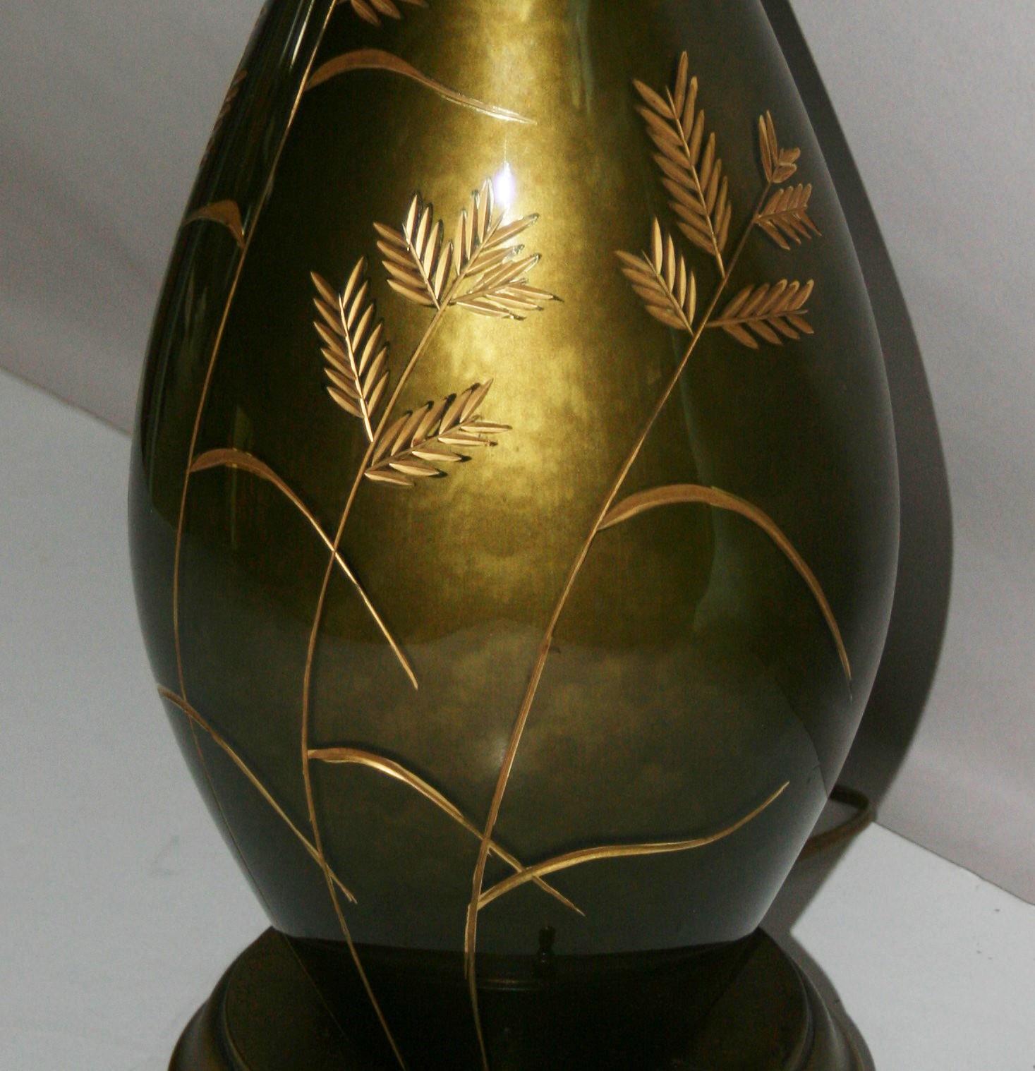 Vintage French Green Glass Lamp with Gilt Incised Wheat Design For Sale 2