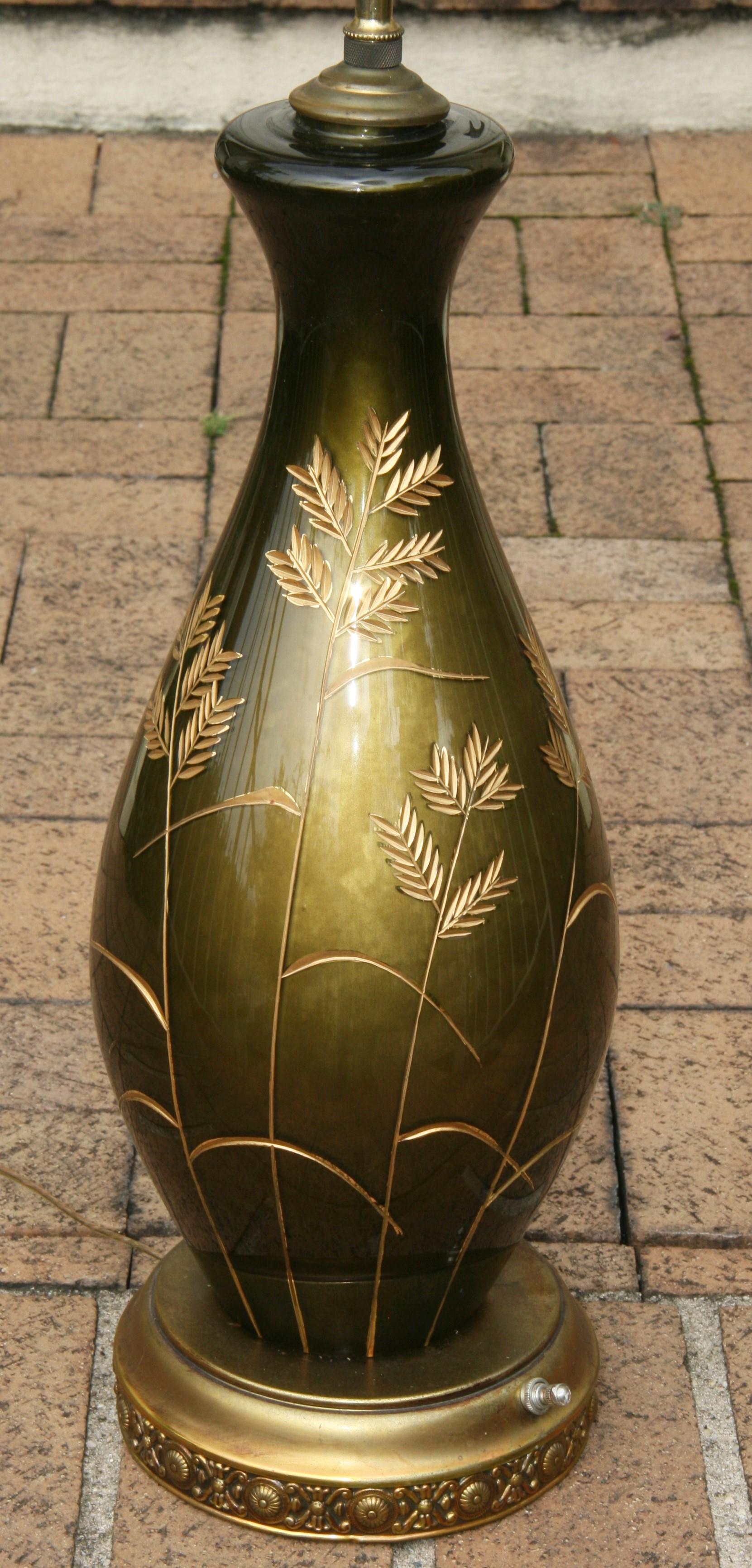 Vintage French Green Glass Lamp with Gilt Incised Wheat Design For Sale 3