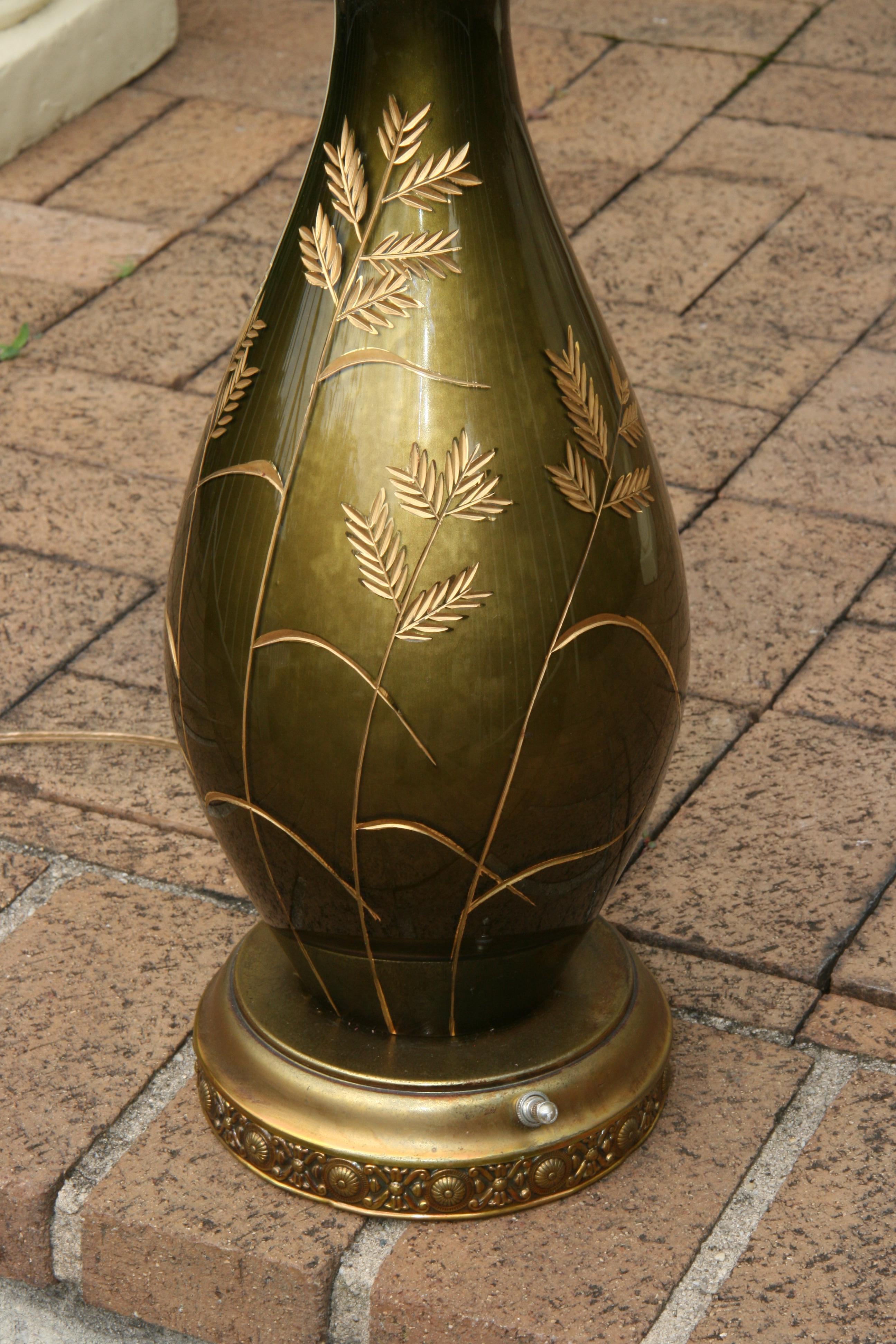 Vintage French Green Glass Lamp with Gilt Incised Wheat Design For Sale 4