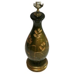 Vintage French Green Glass Lamp with Gilt Incised Wheat Design