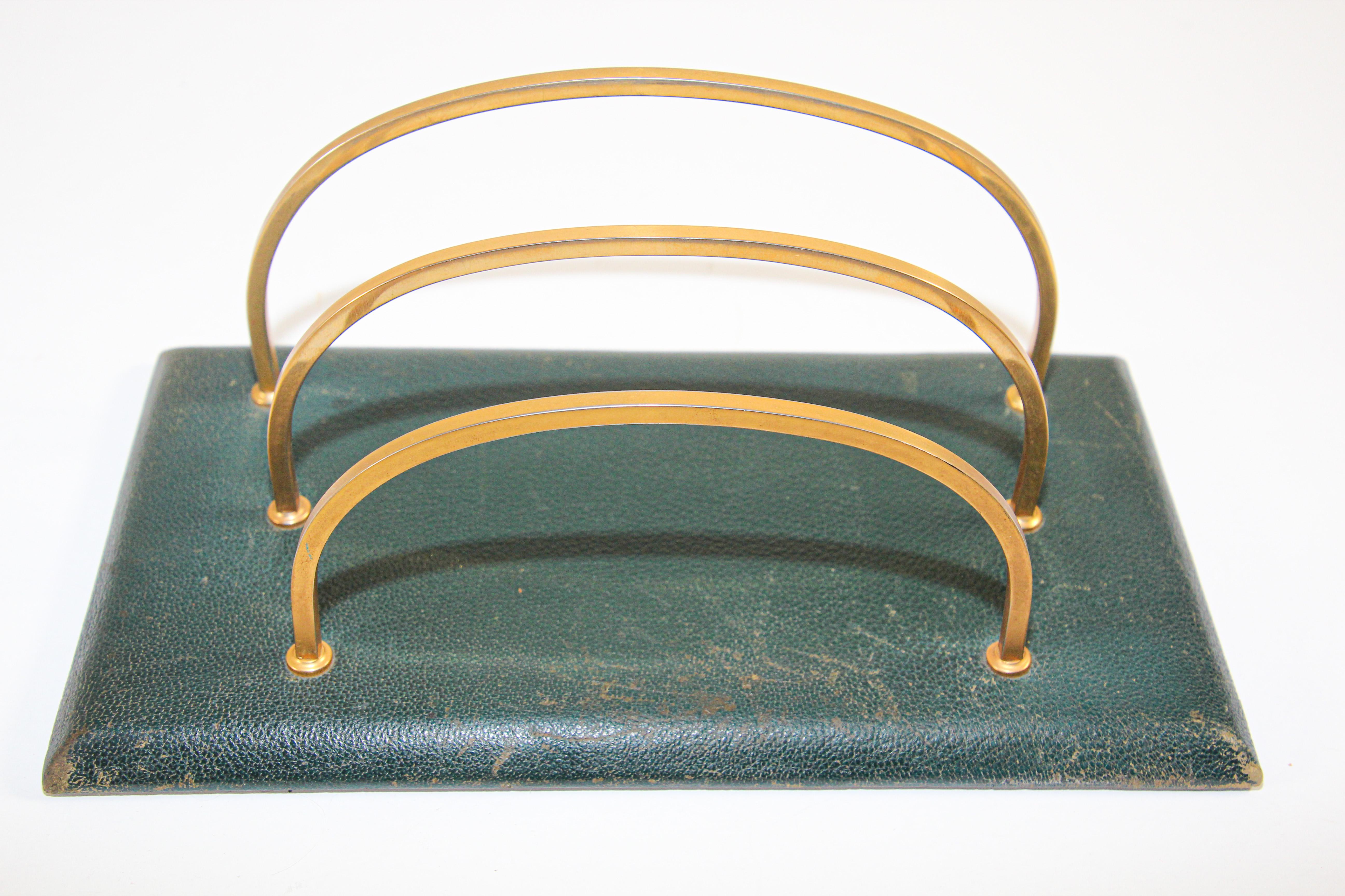 Vintage French Green Leather and Brass Letter Rack 4