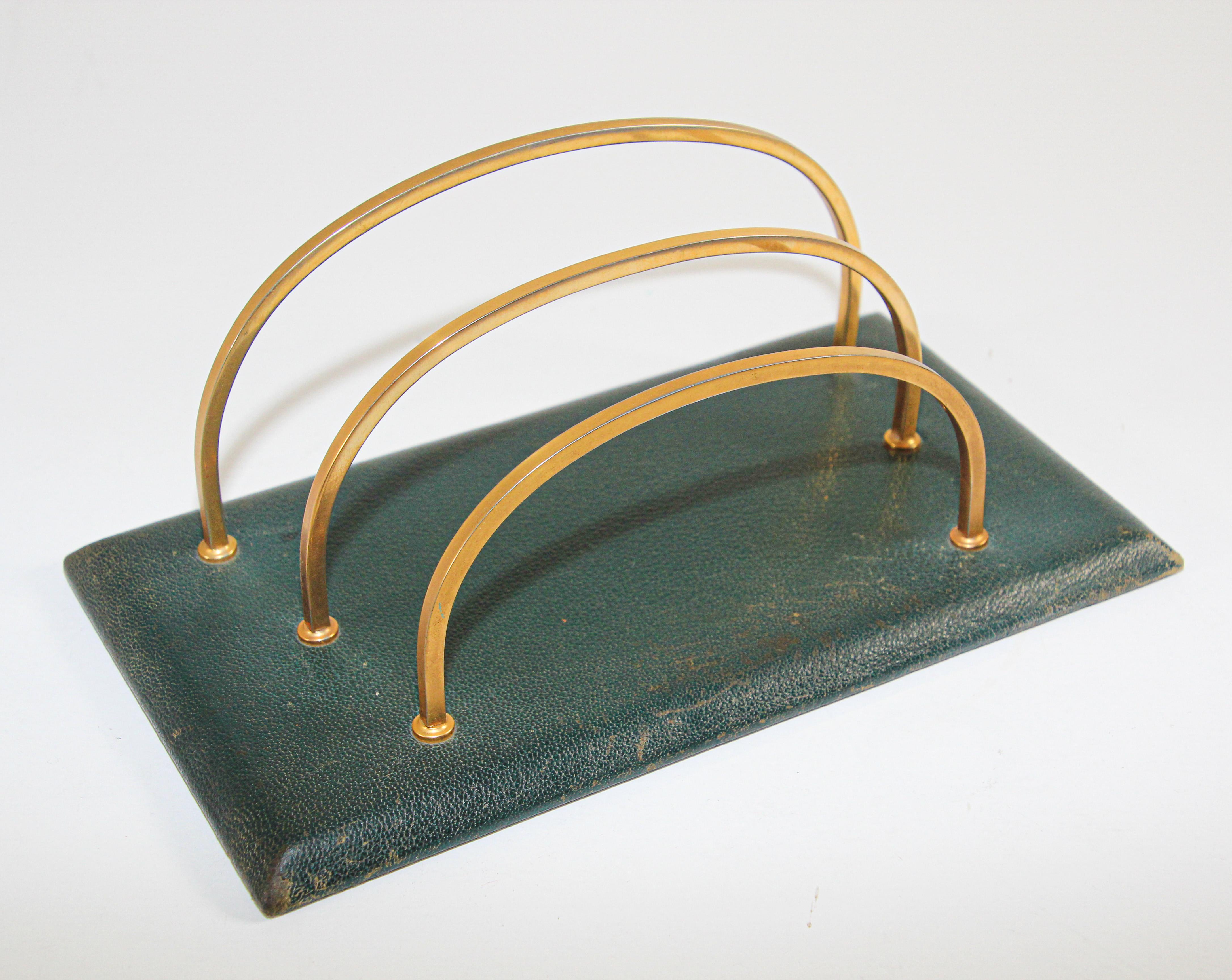 Vintage French Green Leather and Brass Letter Rack 6