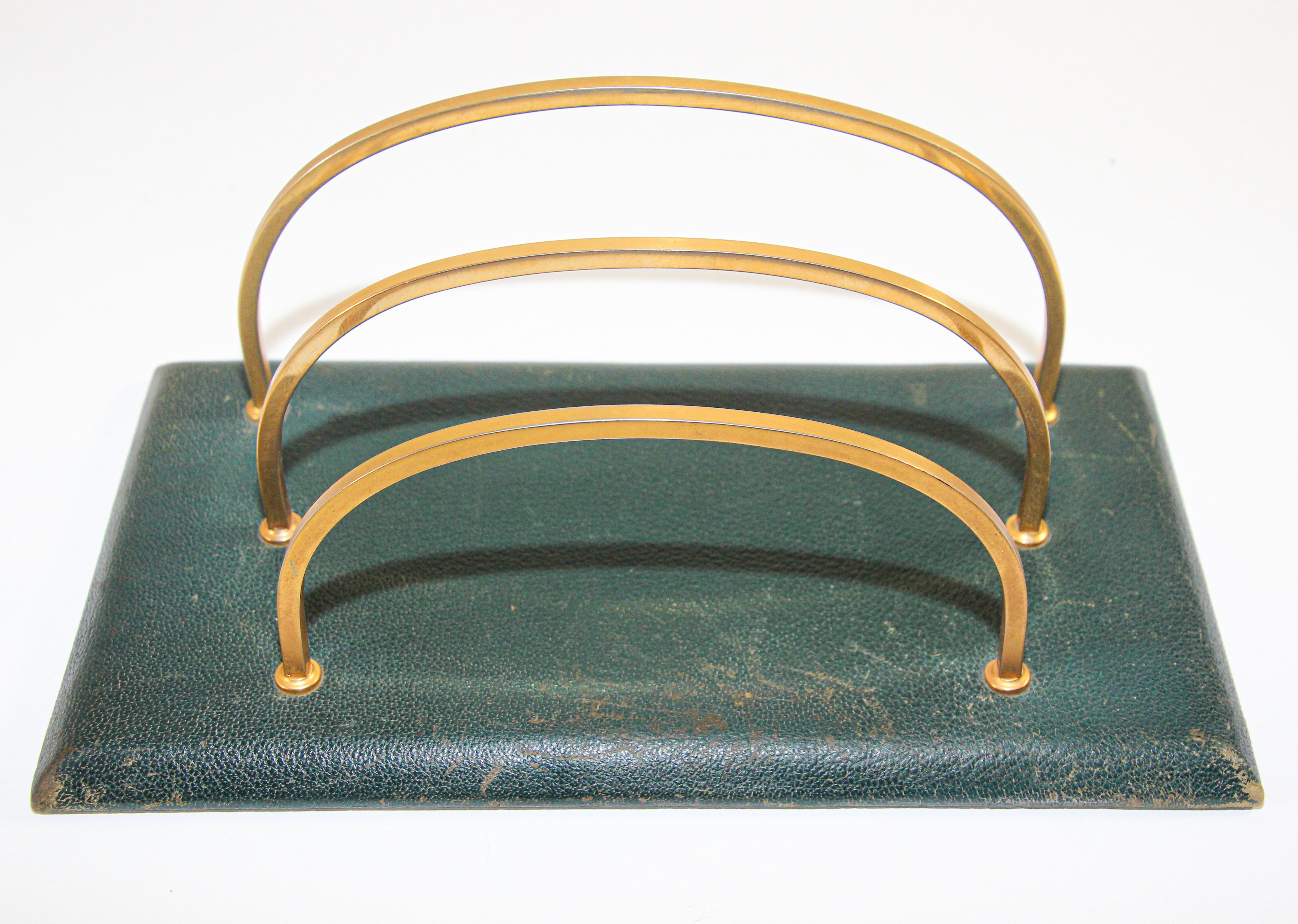Art Deco Vintage French Green Leather and Brass Letter Rack