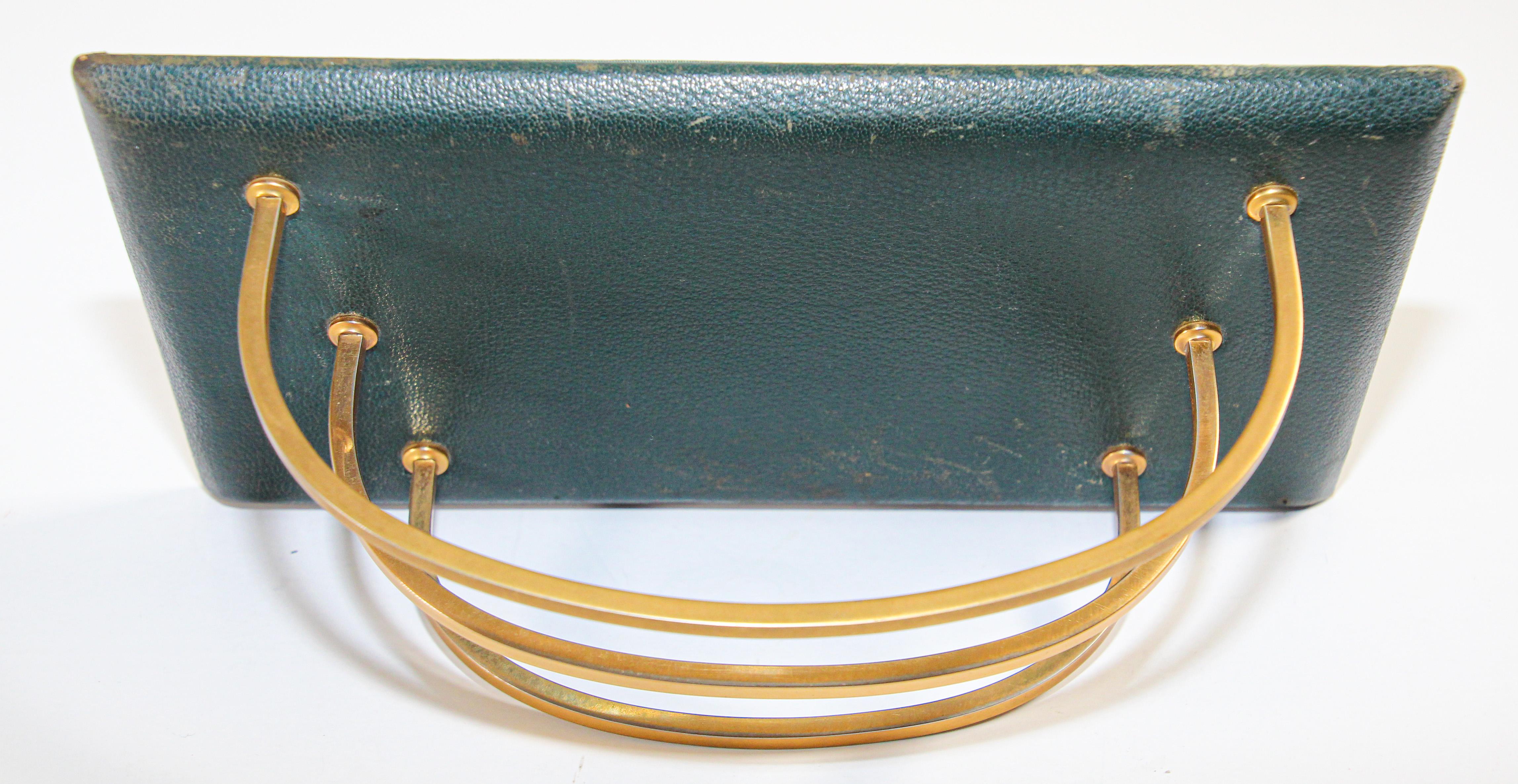 Vintage French Green Leather and Brass Letter Rack 1