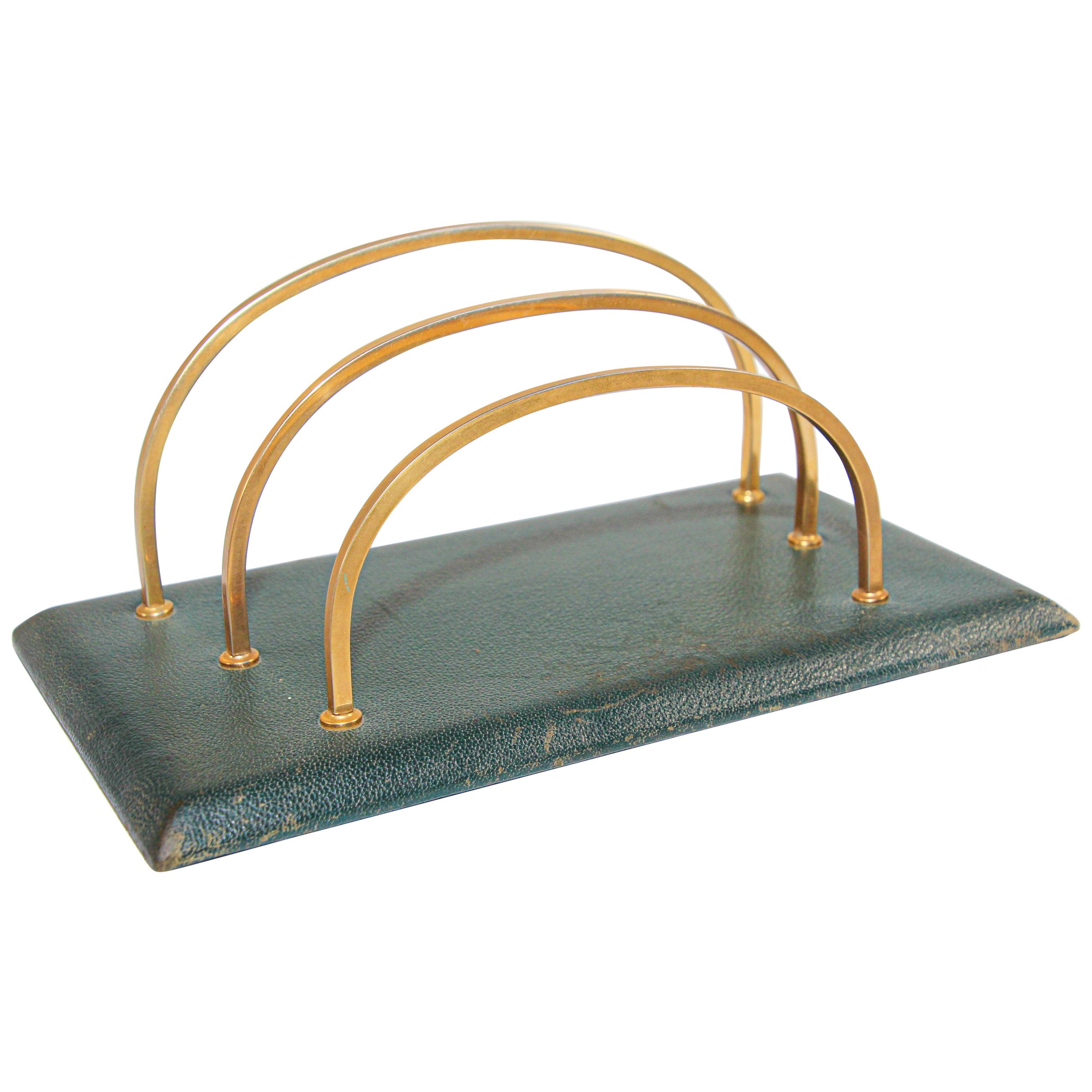 Vintage French Green Leather and Brass Letter Rack