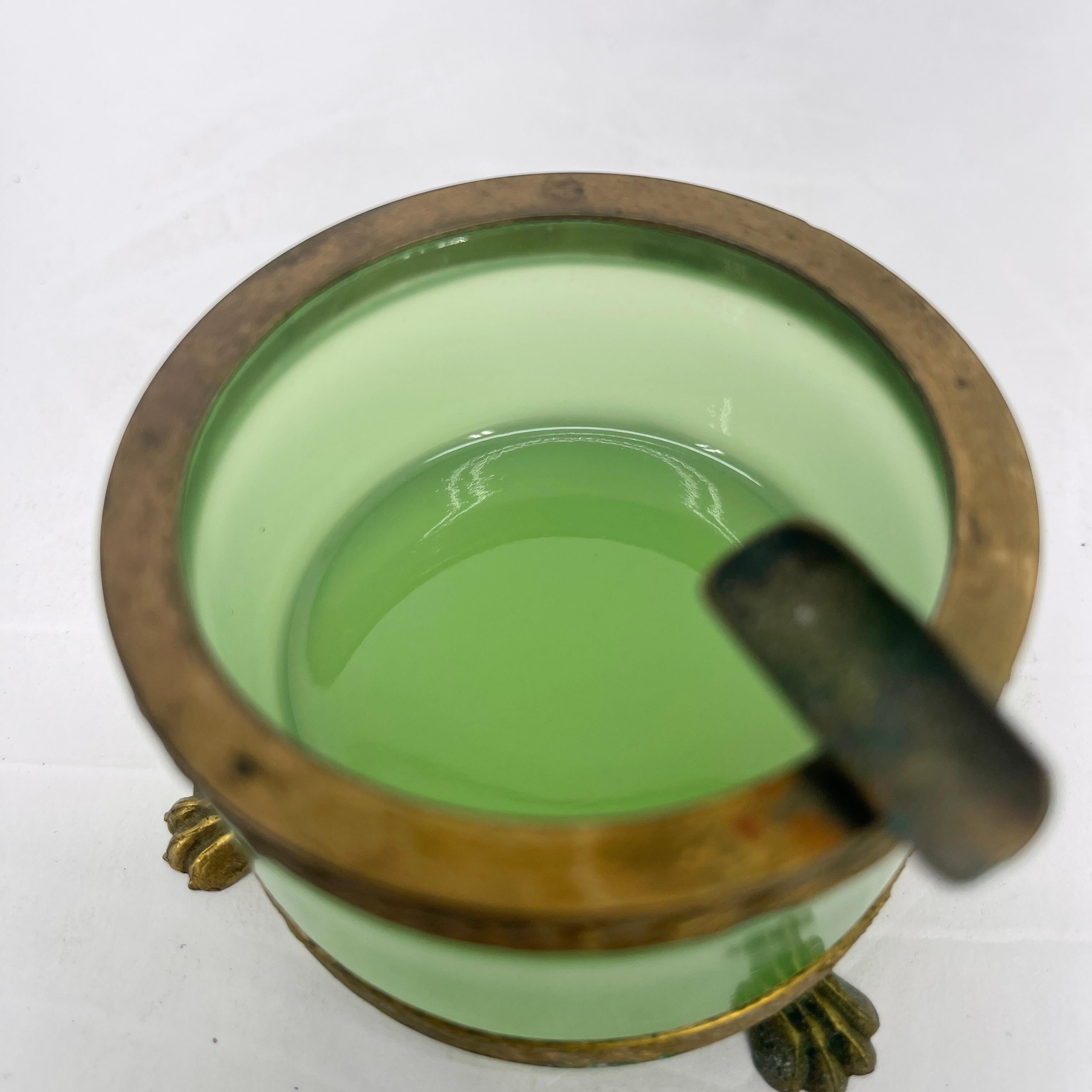 Vintage French Green Opaline Glass and Brass Ashtray In Good Condition In Haddonfield, NJ
