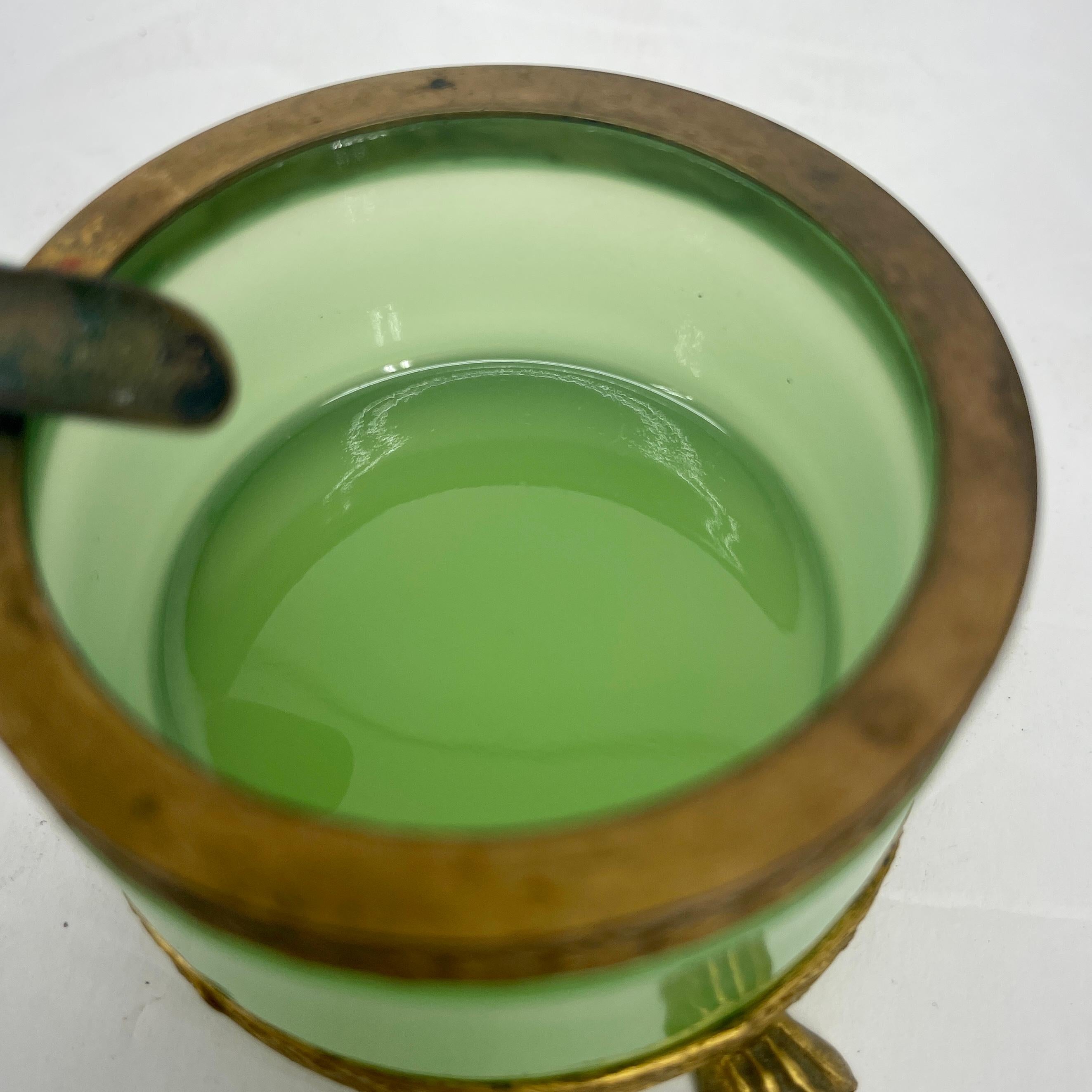 Early 20th Century Vintage French Green Opaline Glass and Brass Ashtray