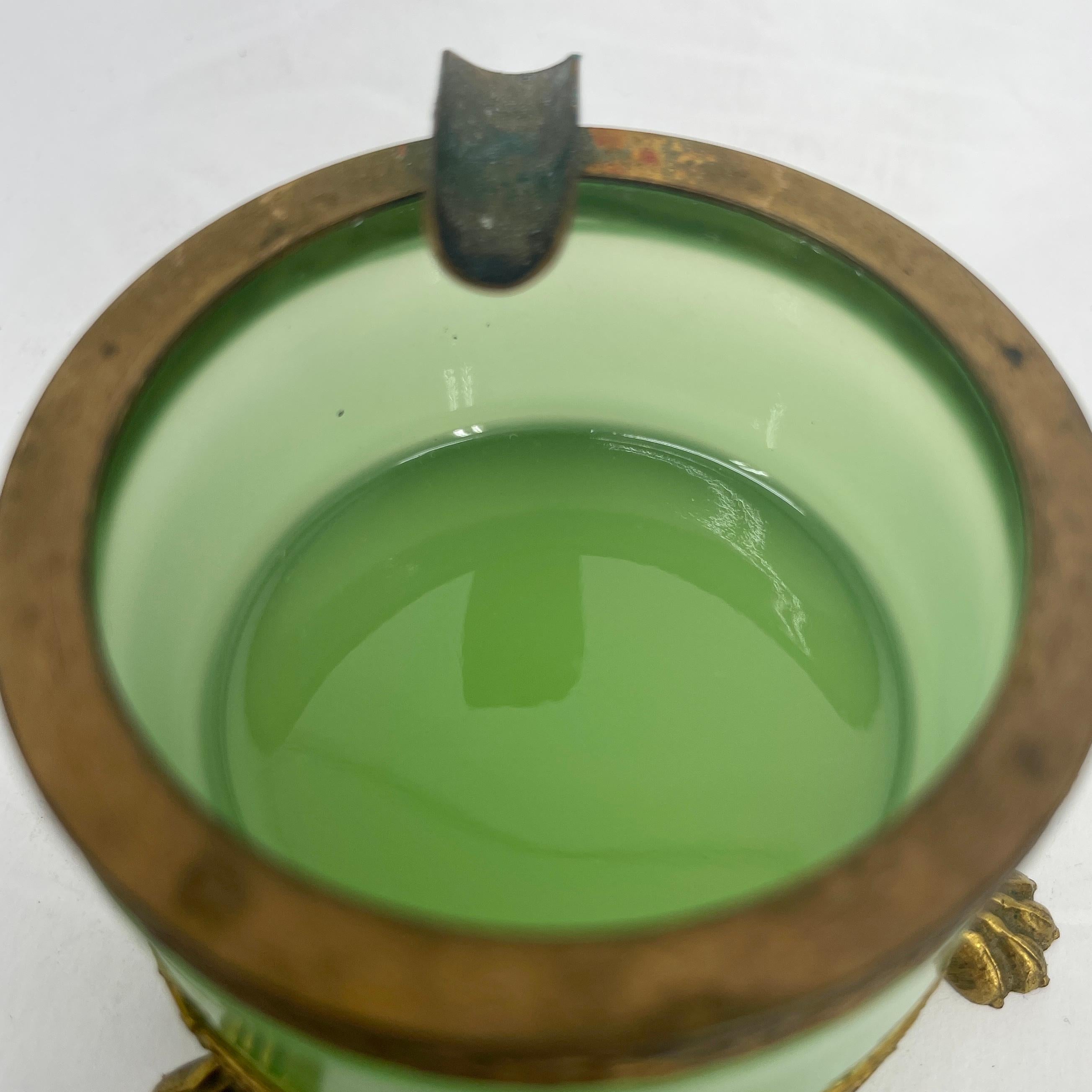 Vintage French Green Opaline Glass and Brass Ashtray 1