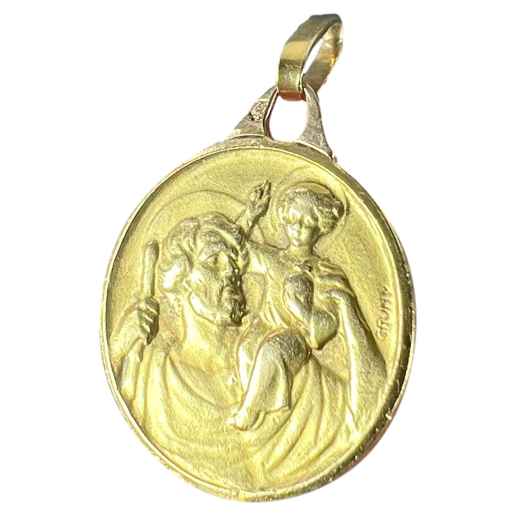 Vintage French Grun Saint Christopher 18K Yellow Gold Charm Pendant Medal