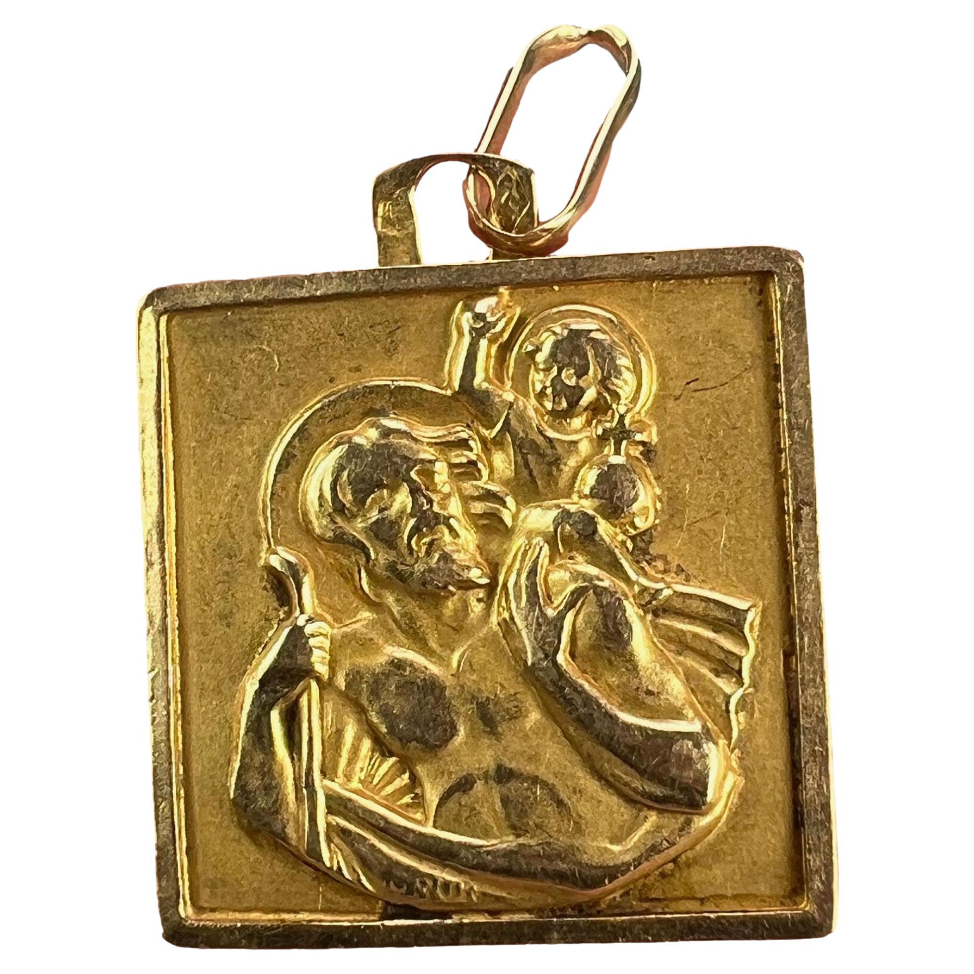 Vintage French Grun Square Saint Christopher 18K Yellow Gold Charm Pendant