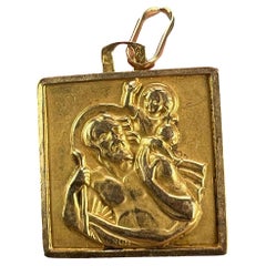 Vintage French Grun Square Saint Christopher 18K Yellow Gold Charm Pendant