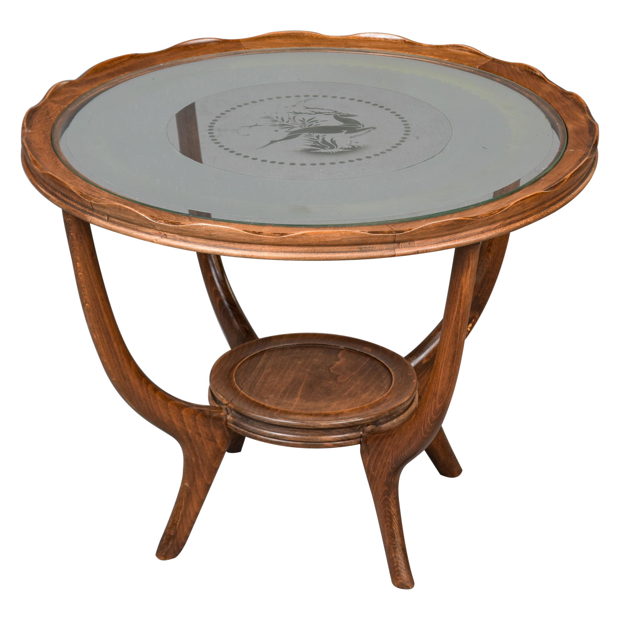 Petite table ronde d'appoint Vintage By By avec plateau en verre gravé en vente