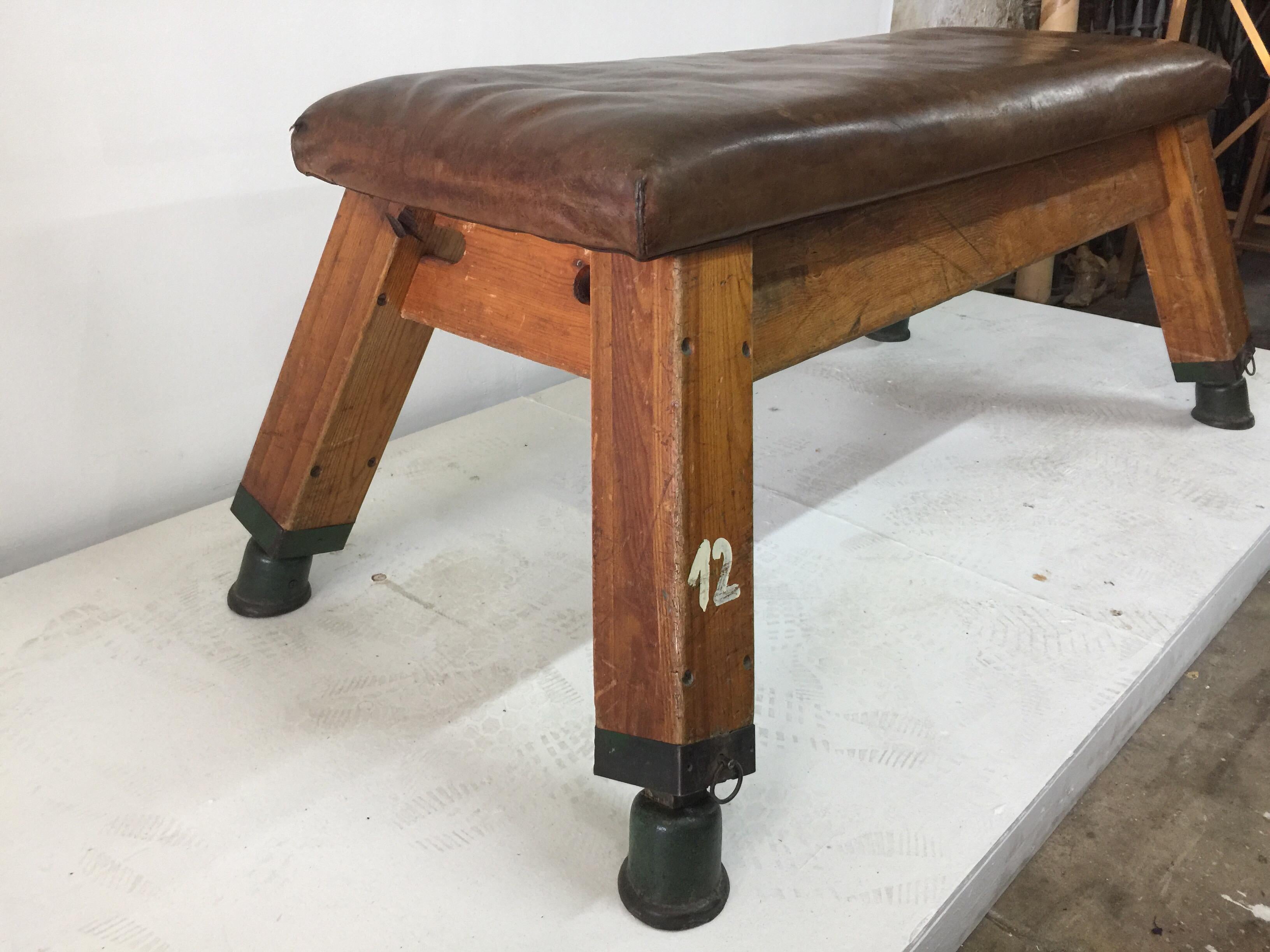 Mid-Century Modern Vintage French Gymnasium Wide Leather Bench