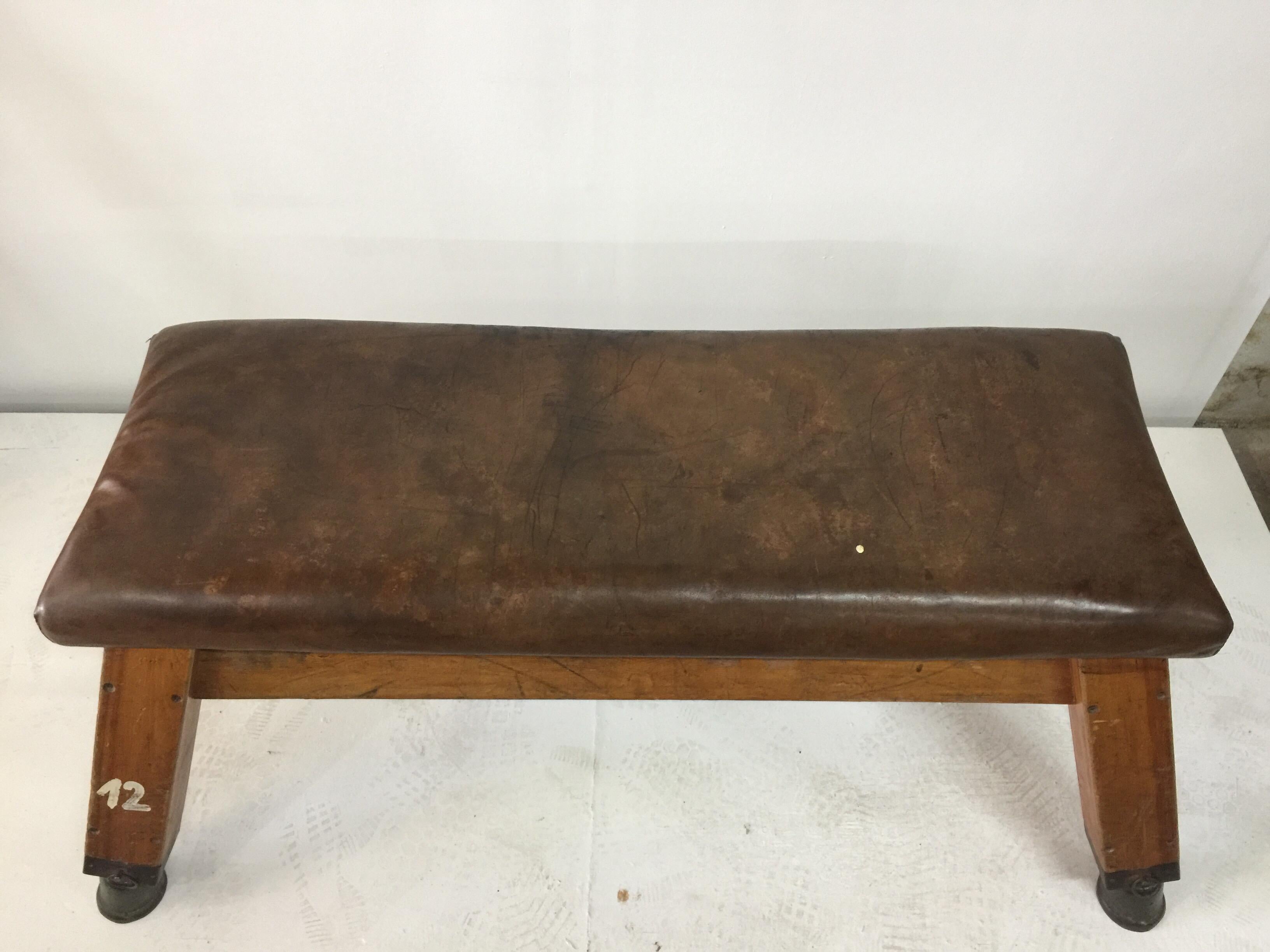 Metal Vintage French Gymnasium Wide Leather Bench