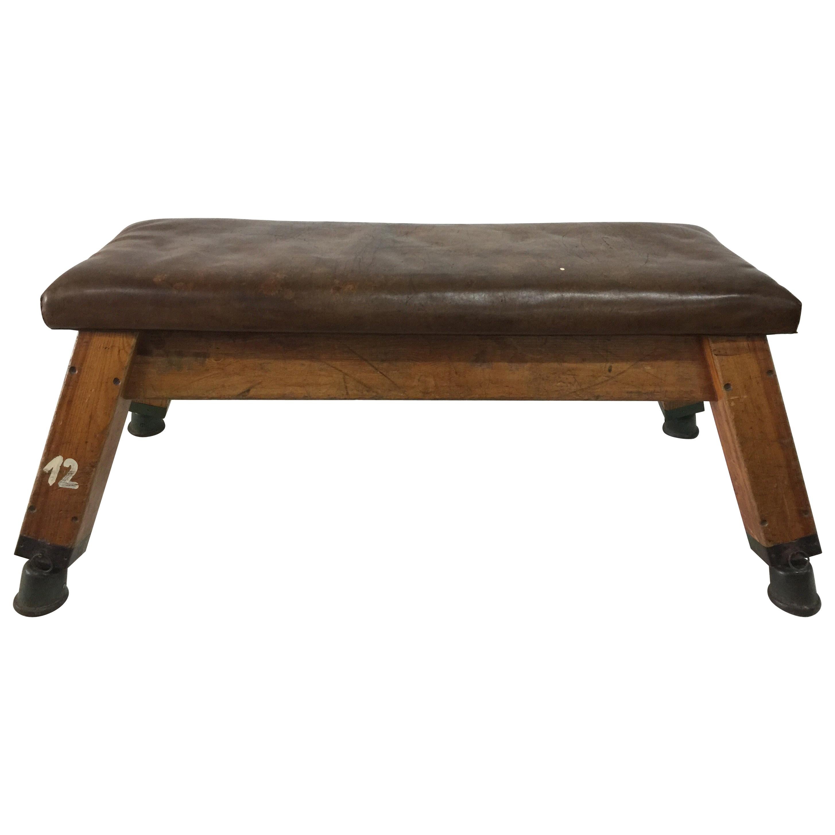 Vintage French Gymnasium Wide Leather Bench