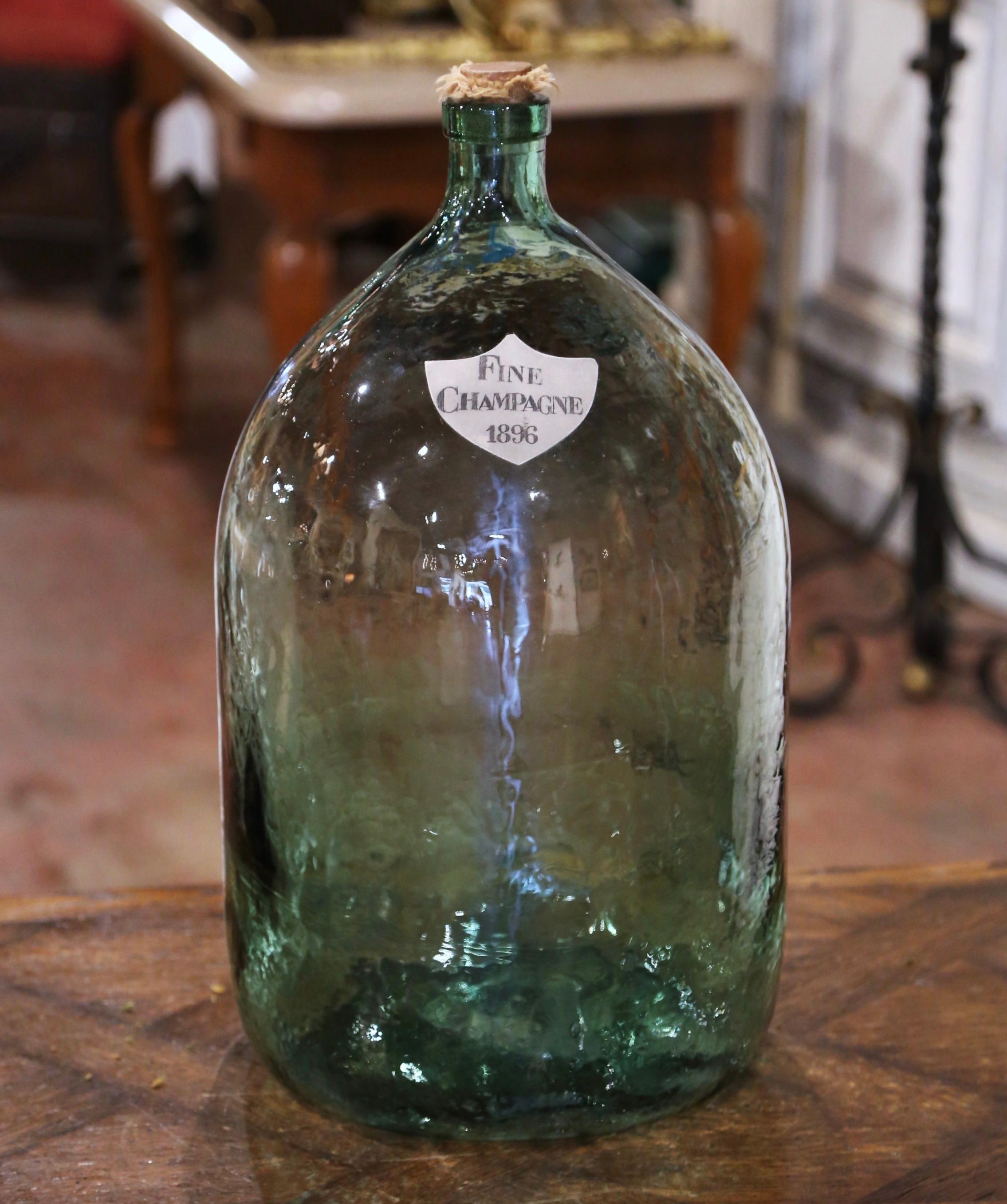Hand-Crafted Vintage French Hand Blown Demijohn Glass Bottle with Cork Top