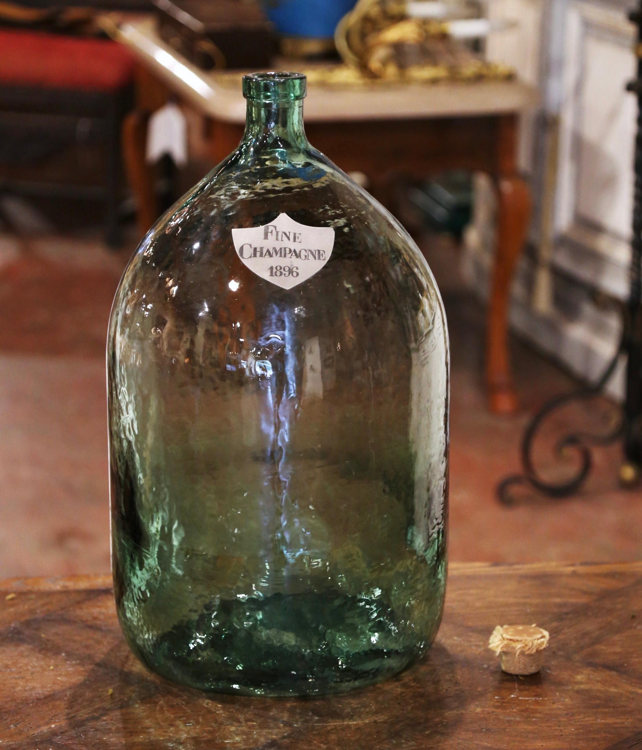 Vintage French Hand Blown Demijohn Glass Bottle with Cork Top In Excellent Condition In Dallas, TX