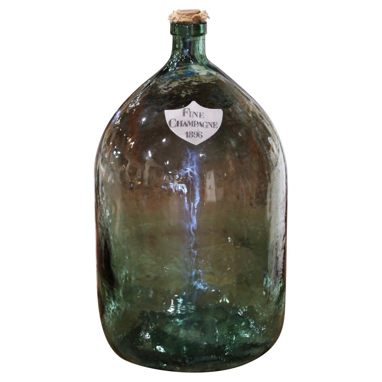 Vintage French Hand Blown Demijohn Glass Bottle with Cork Top at
