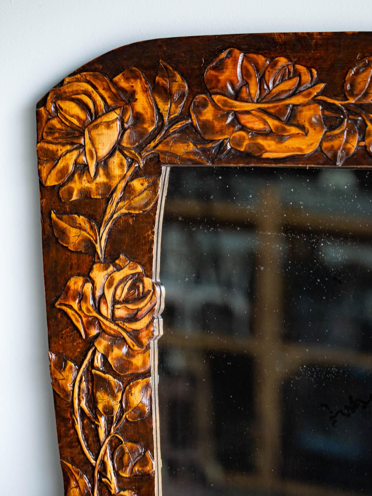 Vintage French Hand Carved Art Nouveau Roses Mirror, circa 1910 In Good Condition For Sale In Houston, TX