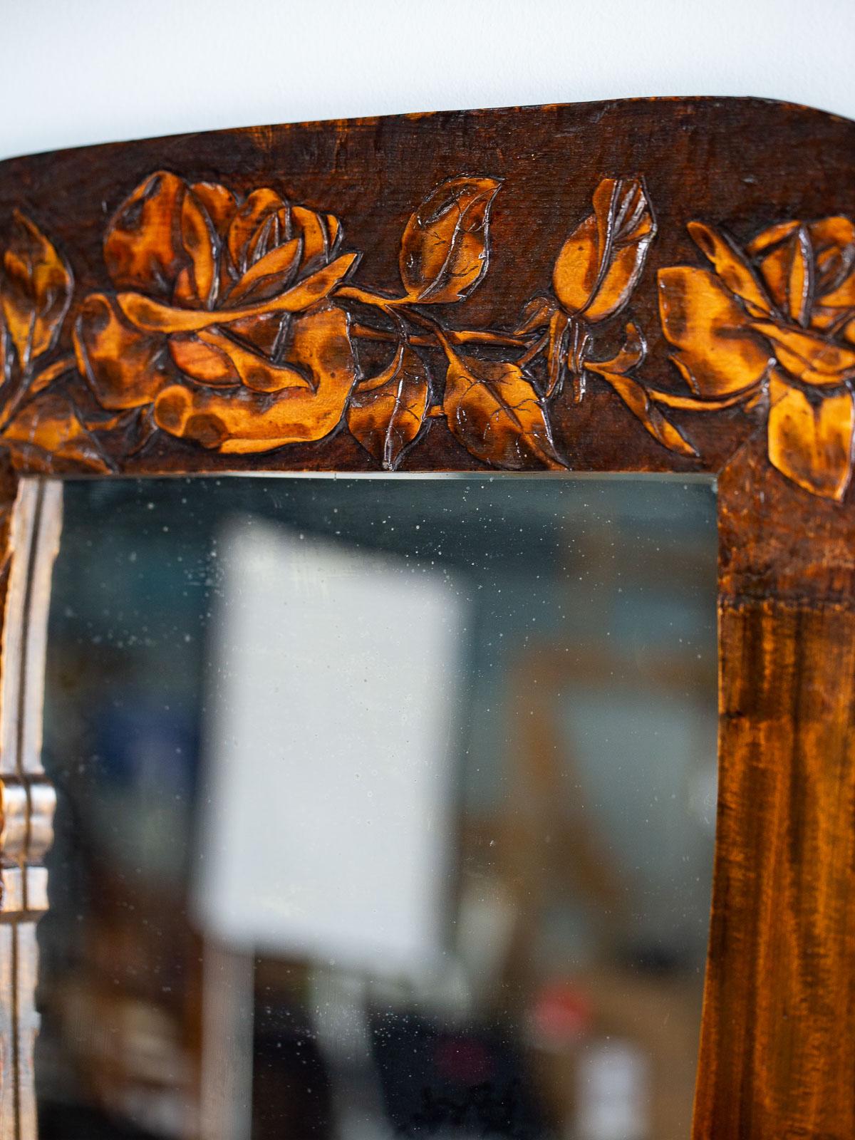 Early 20th Century Vintage French Hand Carved Art Nouveau Roses Mirror, circa 1910 For Sale