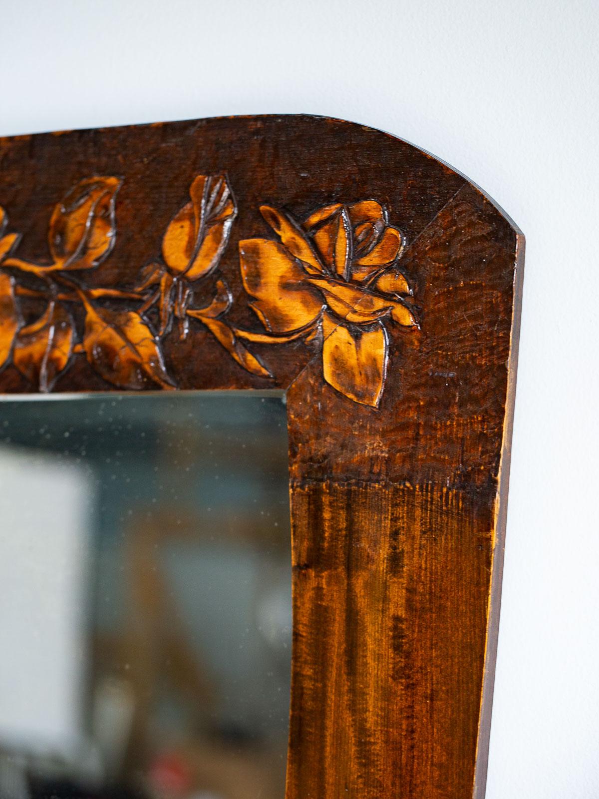 Vintage French Hand Carved Art Nouveau Roses Mirror, circa 1910 For Sale 1