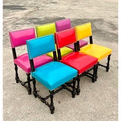 Vintage French Hand Crafted Solid Oak and Leather Dining Chairs, Set of Six