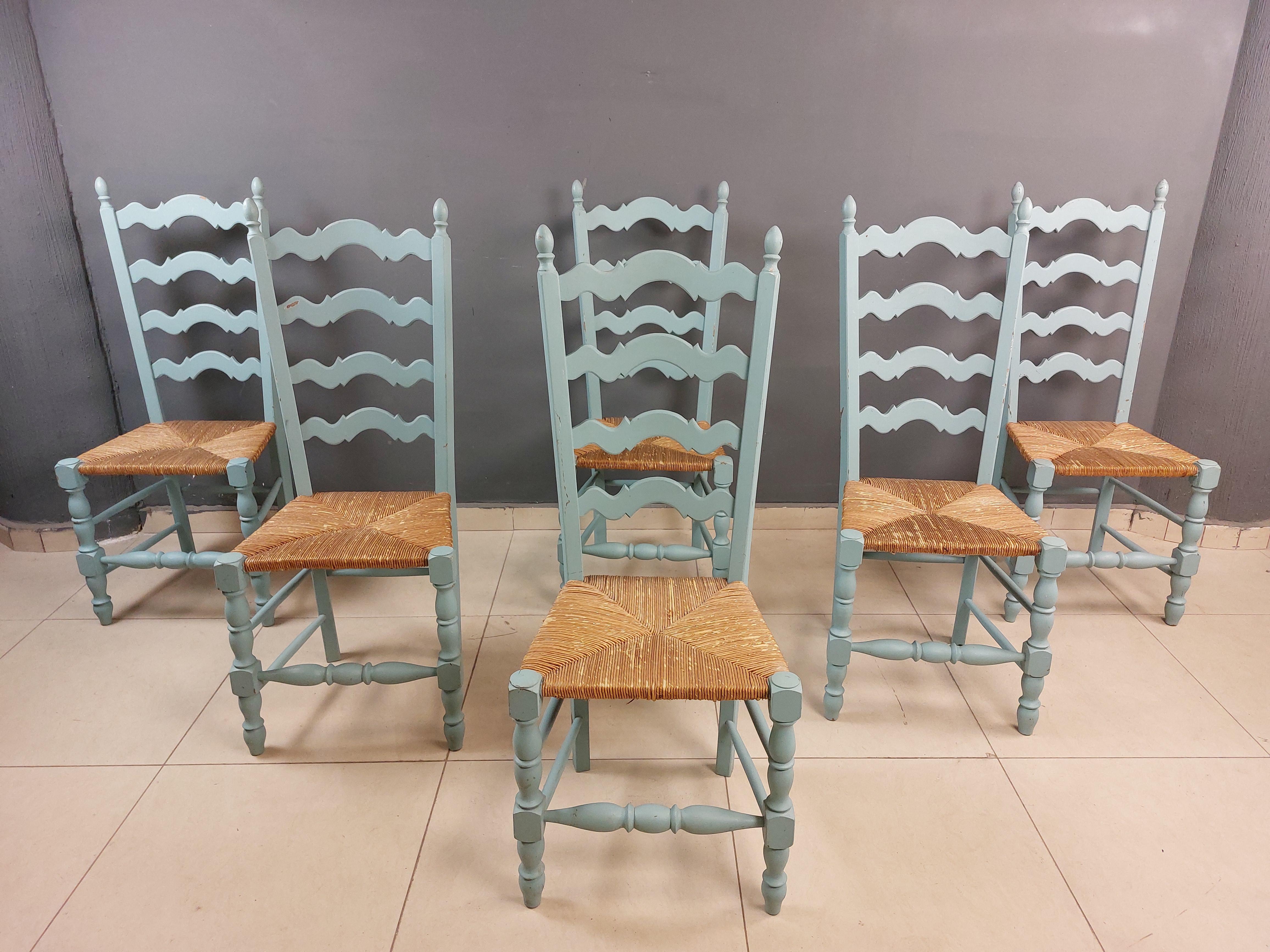 Vintage French Hand Painted Farmhouse Dining Chairs - Set of 6 In Good Condition In Bridgeport, CT
