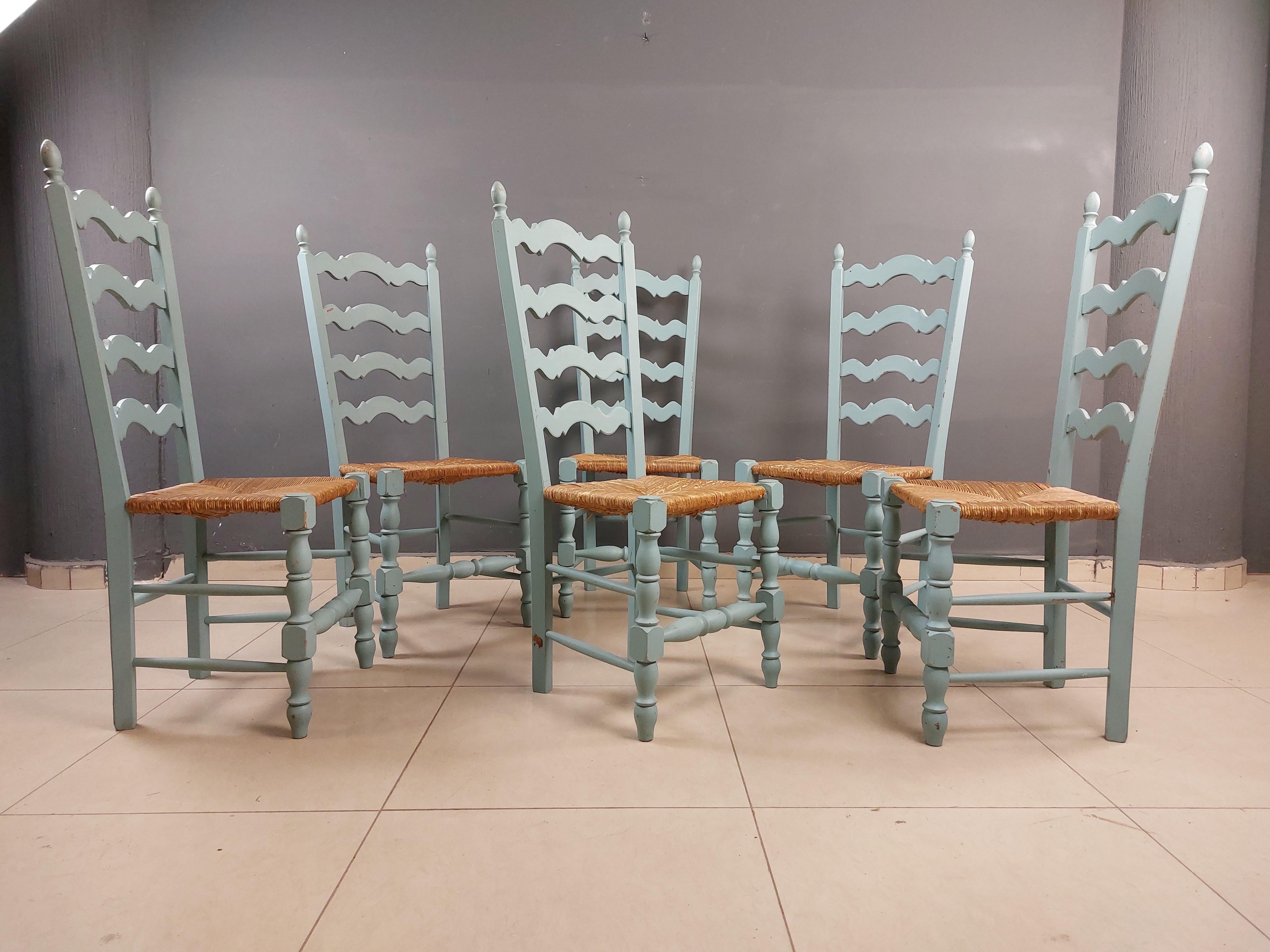 Rush Vintage French Hand Painted Farmhouse Dining Chairs - Set of 6