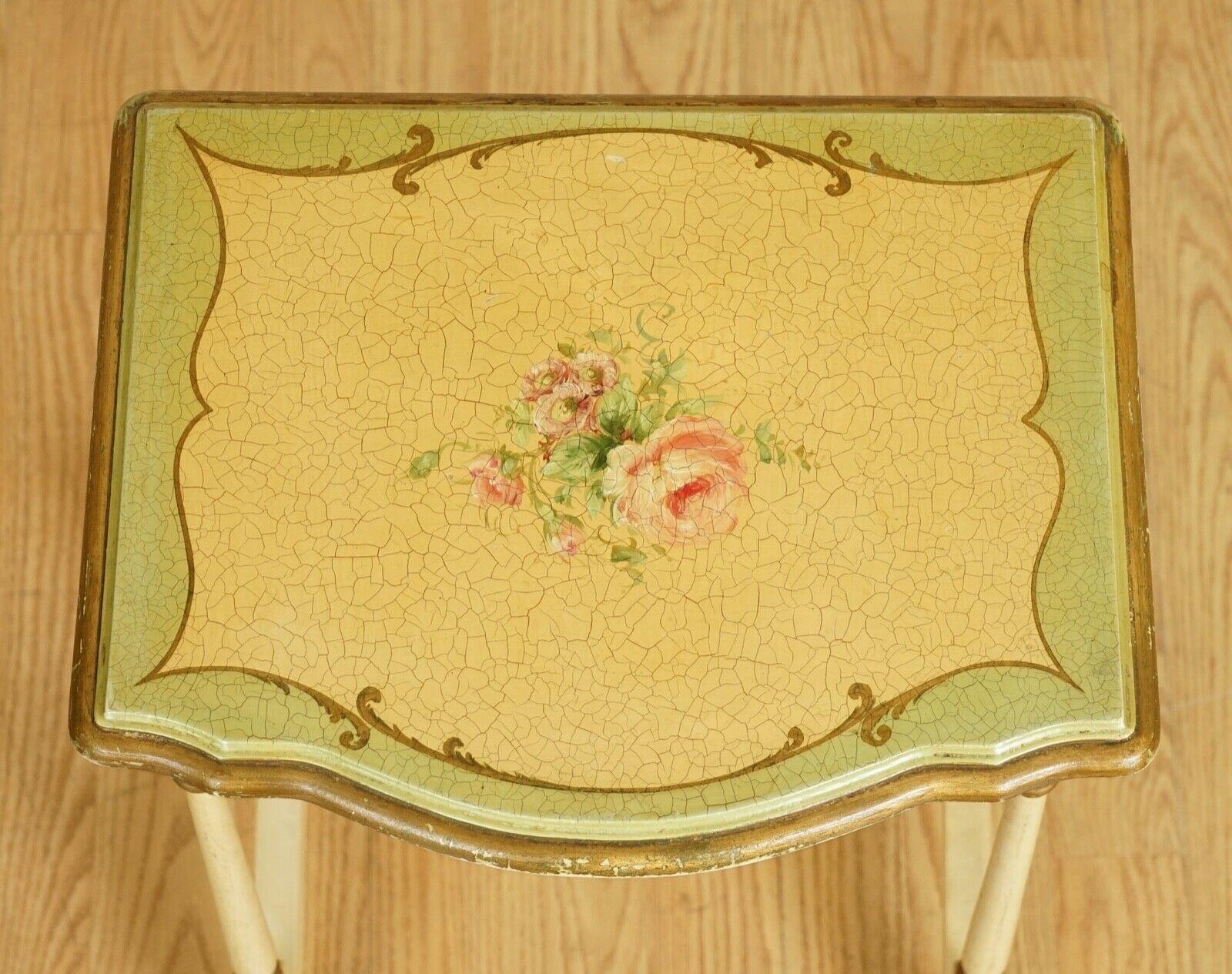Vintage French Hand Painted Floral Nest of Tables For Sale 4