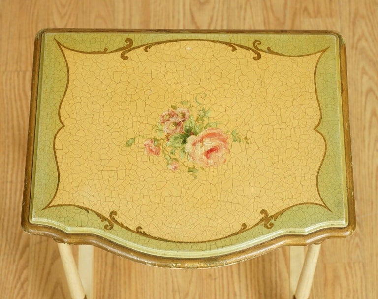 Vintage French Hand Painted Floral Nest of Tables For Sale 5